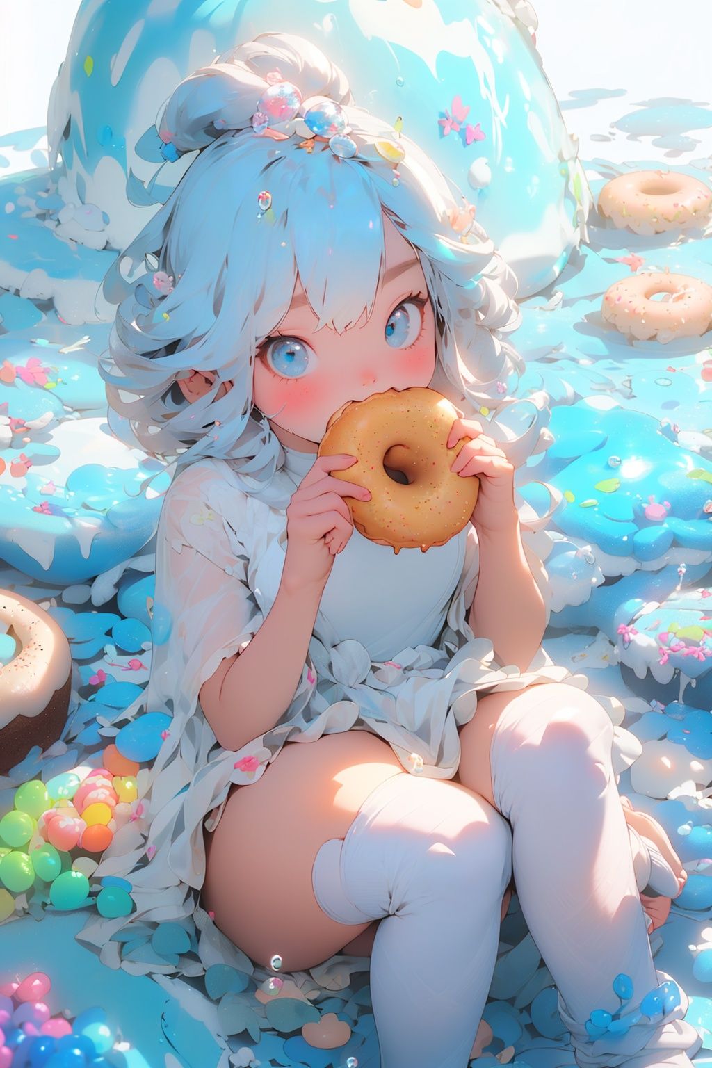 (Mountain Girl) Excellent, Quality (Light blue hair)(Girl Flying)(White one-piece swimsuit)(White knee-high socks)(Lemon tea in hand)(Bubbles)(Sea World), Blush, Shy, High quality texture, Cream, cake, doughnut, 32k,MG tian,, <lora:EMS-2605-EMS:0.3>, <lora:EMS-672-EMS:0.4>, <lora:EMS-4109-EMS:0.8>