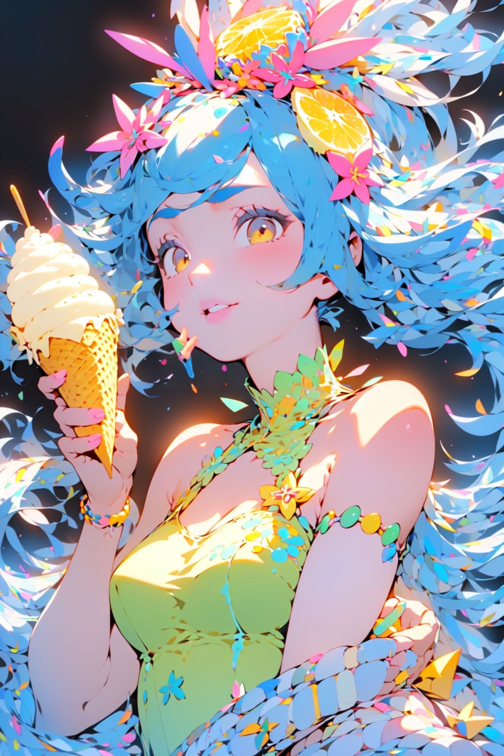 1girl, holding ice cream in her hand, with excellent detail handling,A glass of lemon juice in the background,Handle hand details in place,nijistyle,MG tian, <lora:EMS-3106-EMS:0.5>, <lora:EMS-4020-EMS:0.8>