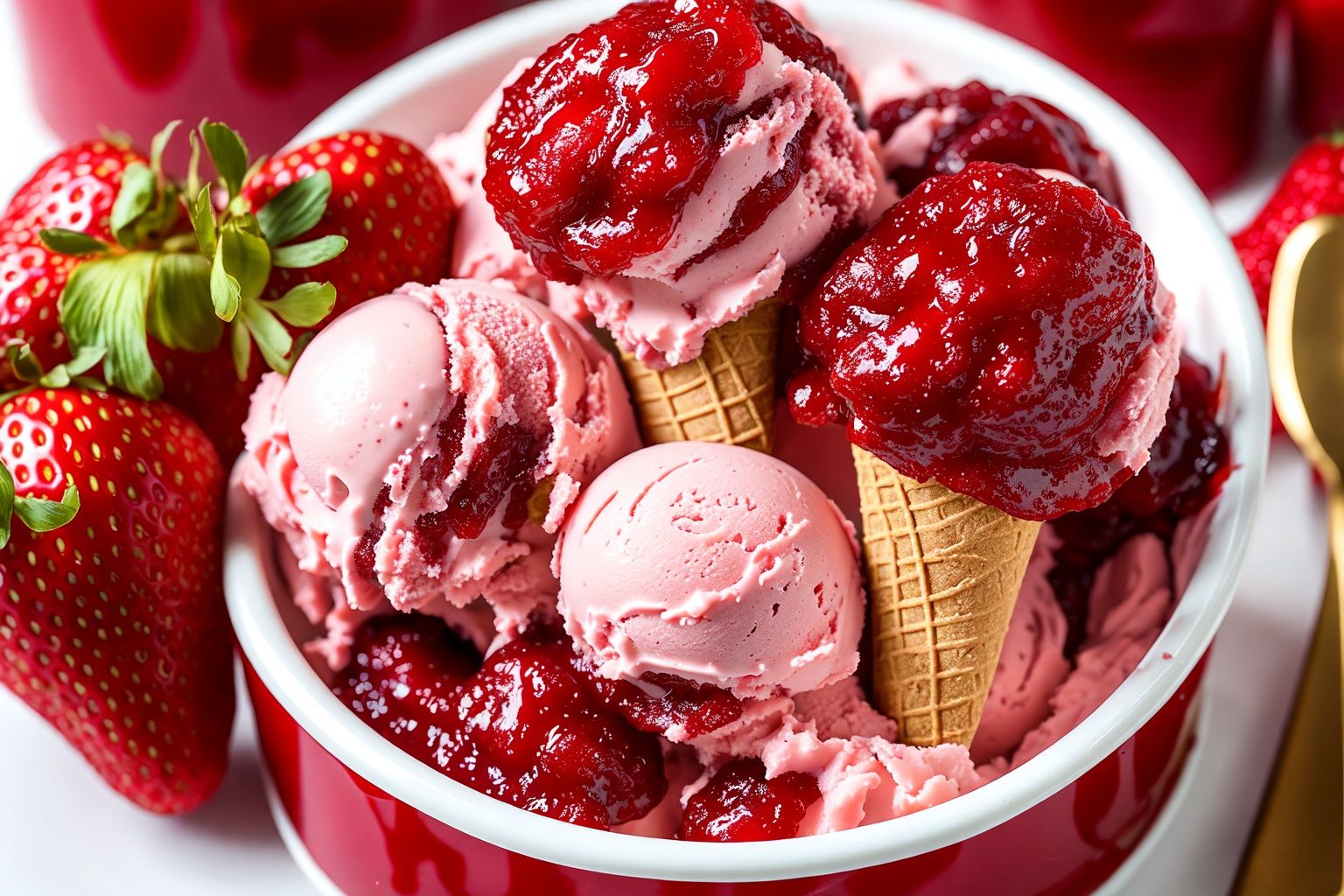 What makes this strawberry jam ice cream amazing is its delicate texture and rich strawberry flavor. As soon as you scoop up a spoonful, you'll immediately be covered in layers of crimson jam that give off a tempting aroma. Taste it slowly, and the sweet and sour taste of strawberry jam blends with the coolness of ice cream in your mouth, making you feel comfortable and satisfied. In addition, this ice cream has a unique exterior design, made of strawberry jam in the shape of petals, scattered on the ice cream, giving it a beautiful feeling. All in all, this strawberry jam ice cream is the perfect dessert to enjoy.