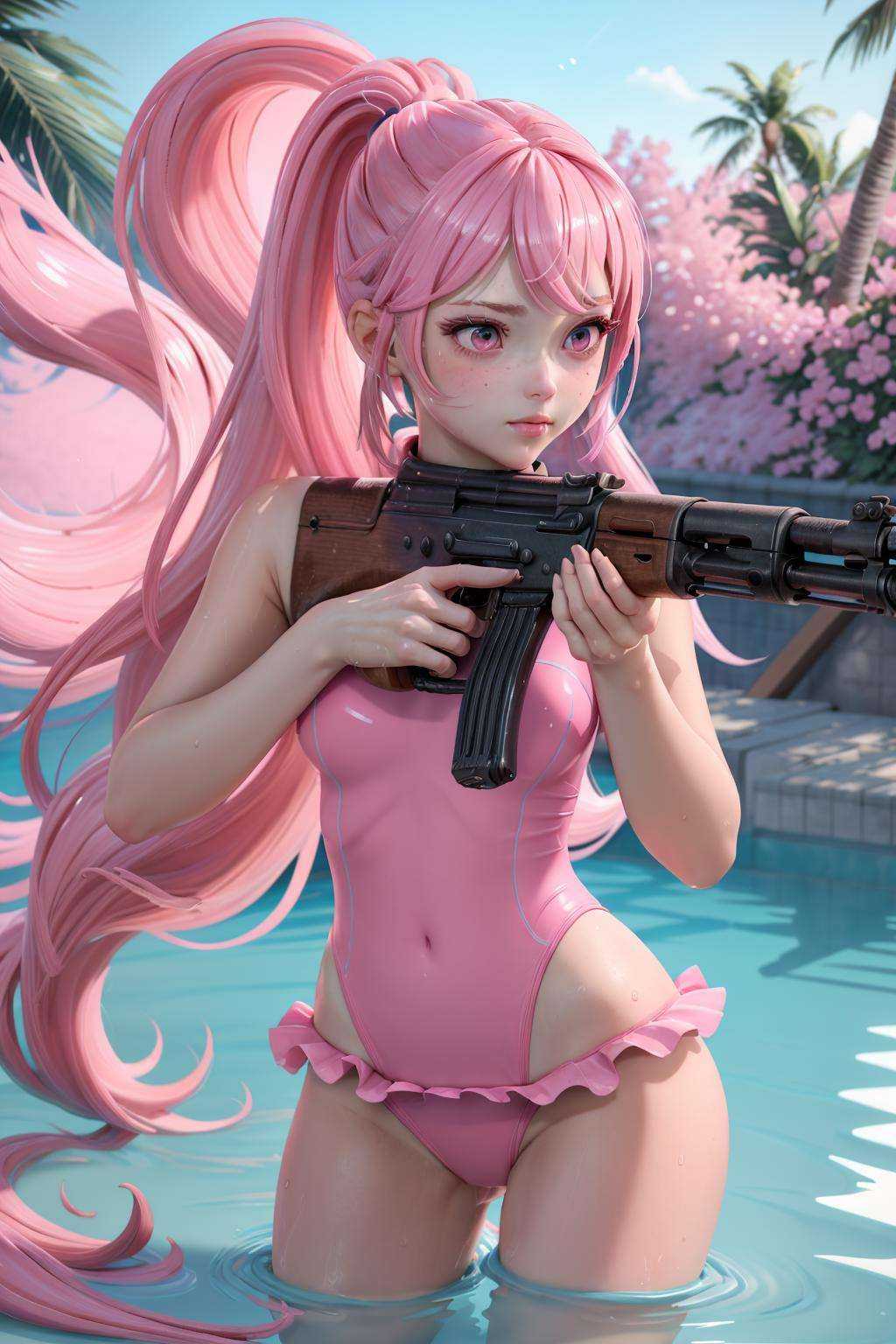 ((best quality, masterpiece)), 1girl,  AK-47,  kalashnikov_rifle, assault_rifle, holding_gun, ((pink and cyan swimsuit):1.1), bare shoulders, bare arms, wet skin, (long ponytail pink hair), pink eyes, pool at background, <lora:3DMM_V12:1>, <lora:more_details:0.3>,<lora:ak47_7:0.55>