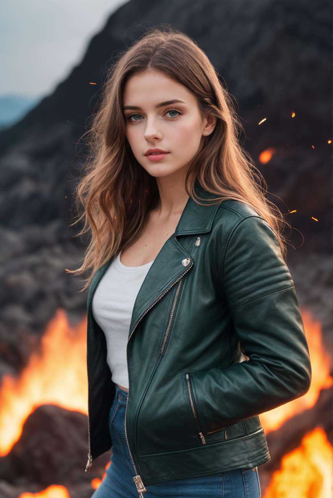 RAW photo,  beautiful caucasian woman in front of a volcanic lavas,  very near to lava on Tensor.Art