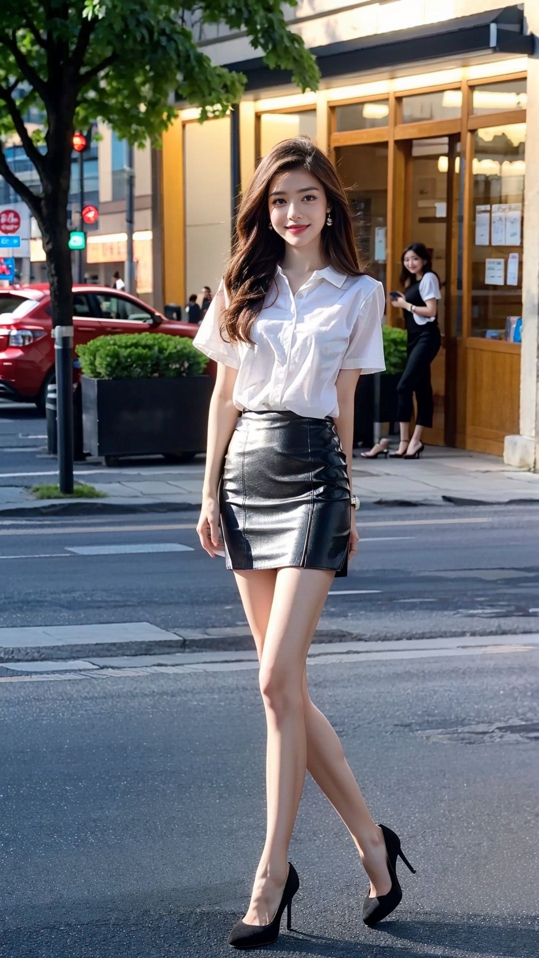 1 girl, standing, full body shot, office background, (black tight miniskirt: 1.5), (high heels: 1.4), (white short sleeve shirt: 1.3), frontal photo, looking at viewer, long legs, long hair, attractive eyes, embellished clothes, natural light, shallow depth of field, romantic setting, dreamy pastel color palette, whimsical details, film shot, (Original photo, best quality), (real, photorealism: 1.3), clean, masterpiece, fine detail, masterpiece, super detailed, high resolution, (best illustration), (best shadows), detail, bright light, (subtle smile)
