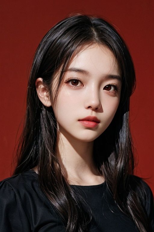 a 20 yo woman,long hair,dark theme, soothing tones, muted colors, high contrast, (natural skin texture, hyperrealism, soft light, sharp),red background,simple background, 