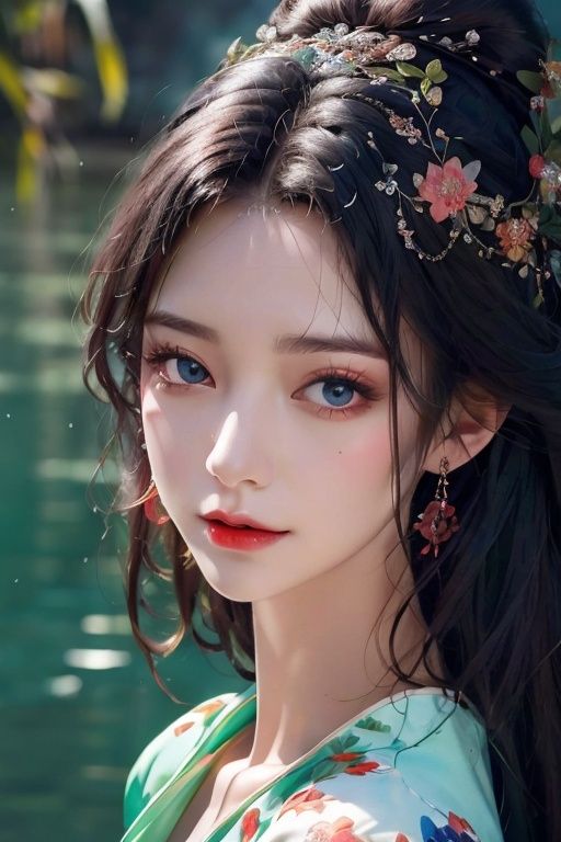 masterpiece, best quality,detailed,8k hdr,RAW,intricate details,chiaroscuro,drop shadow,(cosmetics:1.1),(rim light:1.2),1girl, solo,huaxiangrong,(face details:1.3), (black hair:1.1),eyes, hair accessories, (huaxiangrong_dress,day:1.1),
