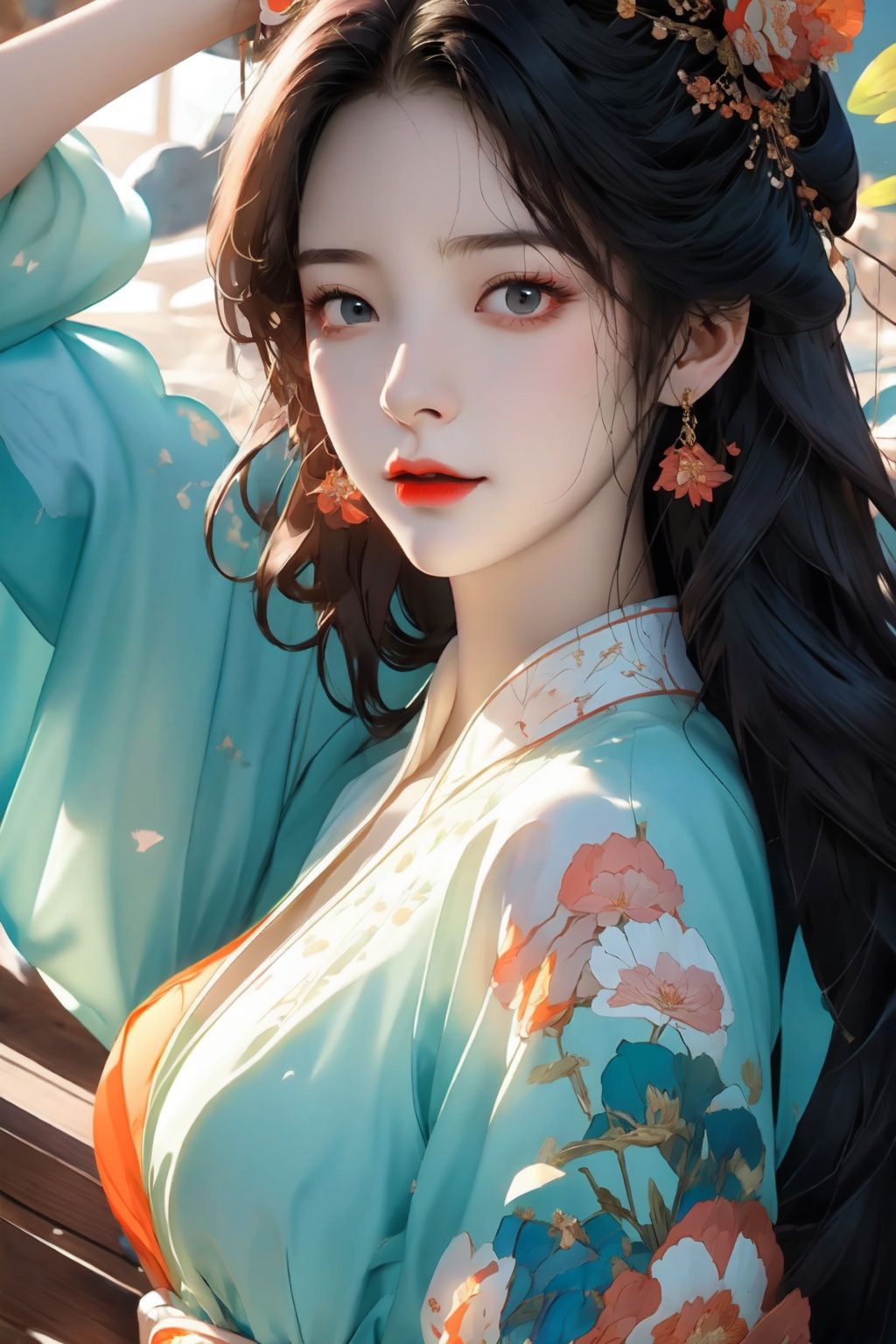 masterpiece, best quality,detailed,8k hdr,RAW,intricate details,chiaroscuro,drop shadow,(cosmetics:1.1),(rim light:1.2),1girl, solo,huaxiangrong,(face details:1.3), (black hair:1.1),eyes, hair accessories,huaxiangrong_girl, huaxiangrong_clothes,upper body, , <lora:EMS-4264-EMS:0.8>, <lora:EMS-672-EMS:0.3>, <lora:EMS-1125-EMS:0.6>