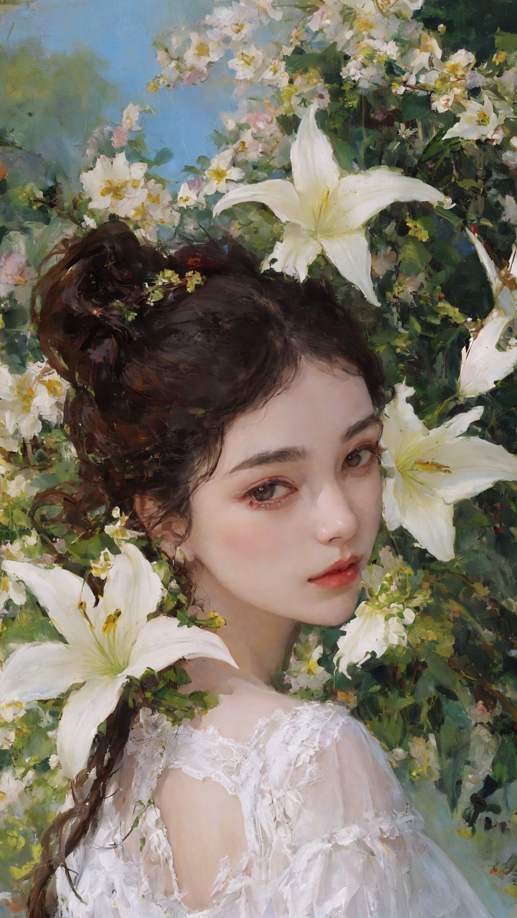 Best quality,masterpiece,1girl,beautiful_face,eyebrows_visible_through_hair,lily_\(flower\),dress,holding_flower,from_side,