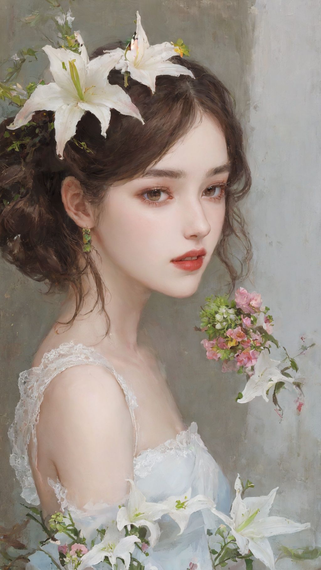 Best quality,masterpiece,1girl,beautiful_face,eyebrows_visible_through_hair,lily_\(flower\),dress,holding_flower,from_side,
