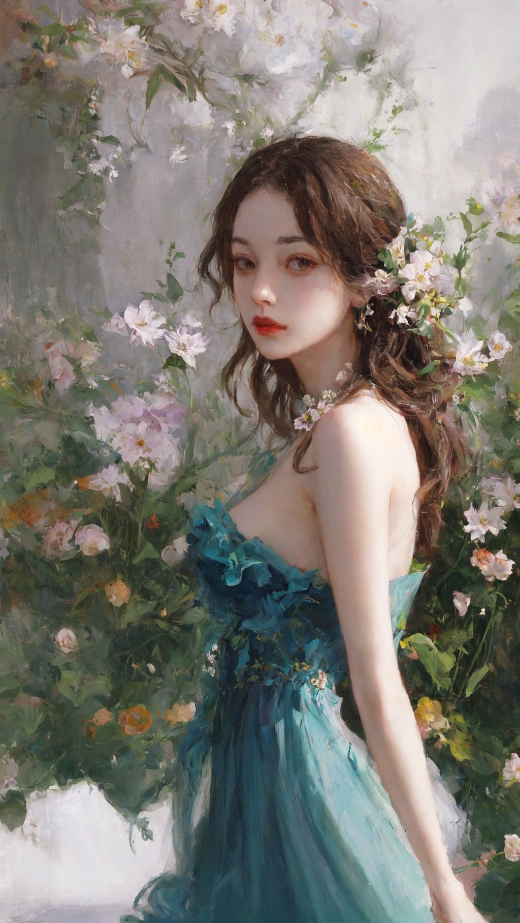 Best quality,masterpiece,1girl,beautiful_face,eyebrows_visible_through_hair,lily_\(flower\),dress,holding_flower,from_side,