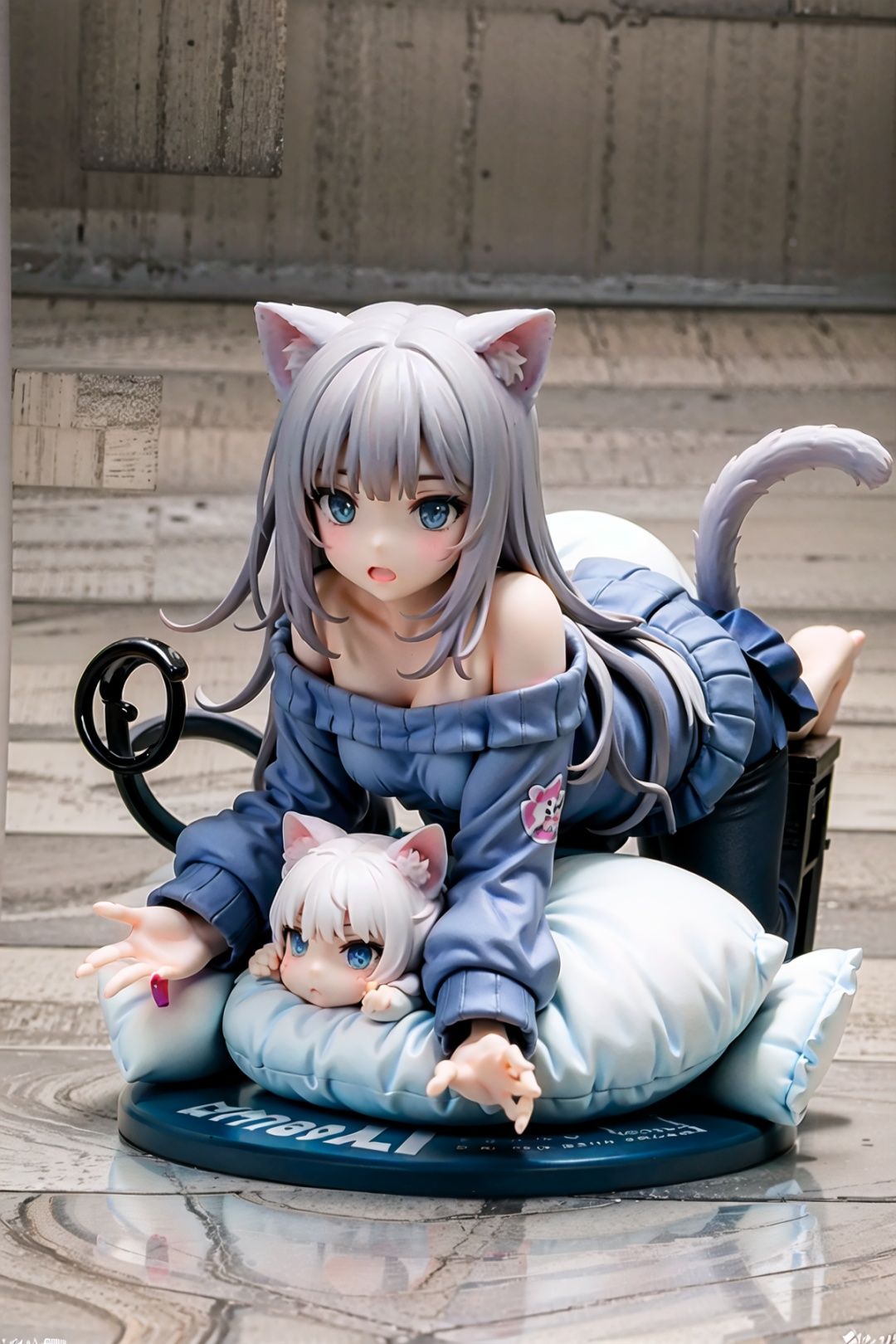 1girl,off-shoulder sweater,simple background,full body,first-person view,handmade style,Grey hair,top-down_bottom-up,doggystyle,nacho,cat girl,tail,blue_eyes