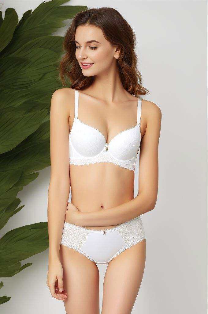 <lora:bodypops2:0.7>, The model is wearing a white bralette with lace detailing. The high waist briefs are made of soft cotton fabric and have an elasticized band for comfort.