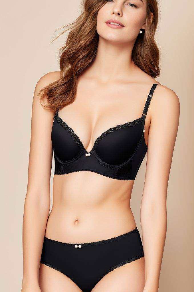 <lora:bodypops2:0.7>, The black bralette with pearl detailing is sure to catch any man's eye.