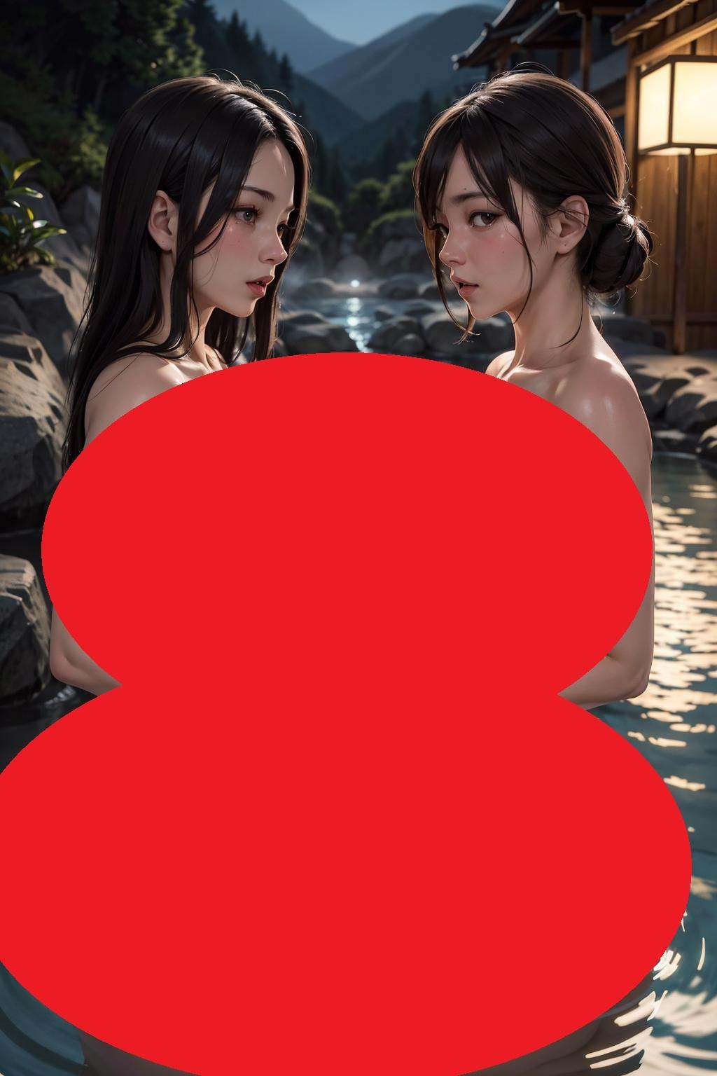 Two perfect nude 28 year old females with and huge hips ((pressing breasts)) together submerged in onsen at night looking...