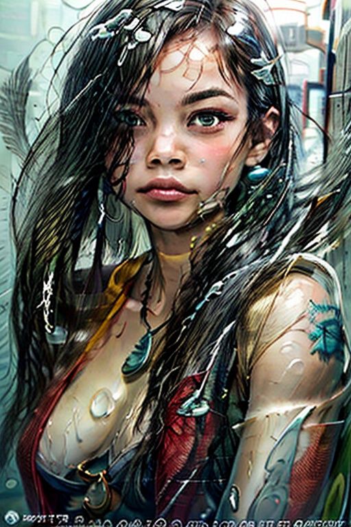 abstract background,(illustration:1),masterpiece,best quality,detailed face and eyes,1 girl,underwater hair physics,air bubbles,light coming through water,reflections,laying in water,split layers of water,school of fish,beauty,ricky