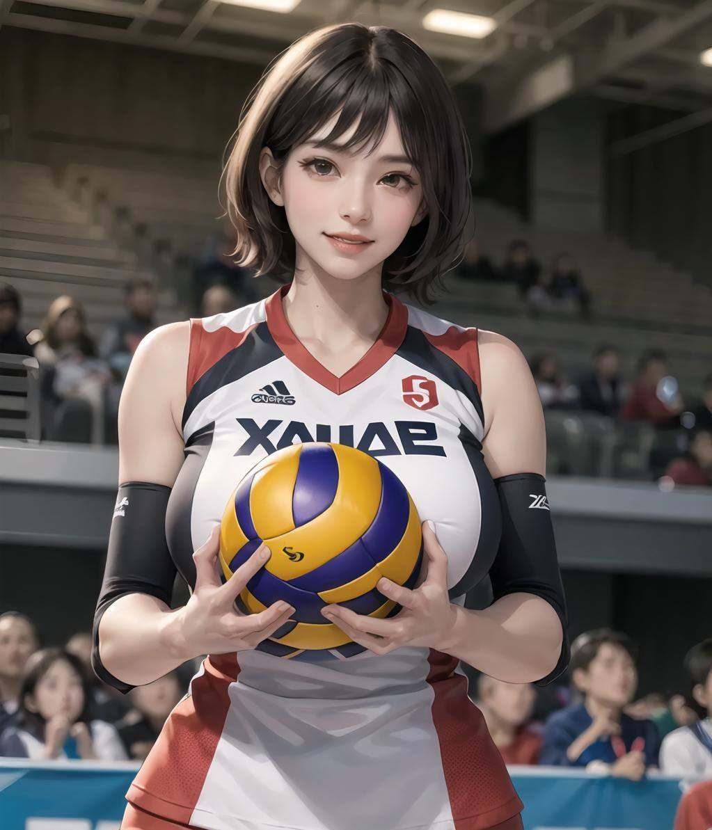 1girl, volleyball uniform, smile, holding volleyball, milf, mature female, short hair, (gigantic breasts:1.2), skindentation, tall ,narrow waist, thighs, wide hips,eyeliner, eyelashes, perfect face, detailed eyes, facial lighting, indoor stadium, audience, crowd, looking at viewer(masterpiece, high quality:1.2) <lora:VolleyballUniform_v20LoRA:0.9>