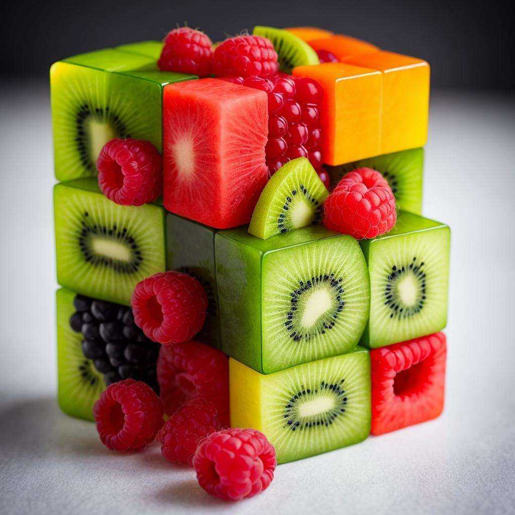 a piece of watermelon with kiwi and raspberries, a rubik's cube, translucent cube, cube, cube shaped, milk cubes, inspired by Ernő Rubik, by Ernő Rubik, cubes, food art, cubic blocks, with a square, amazing food photography, cubes on table, rectangular piece of art, cubic, borg cube, hypercube