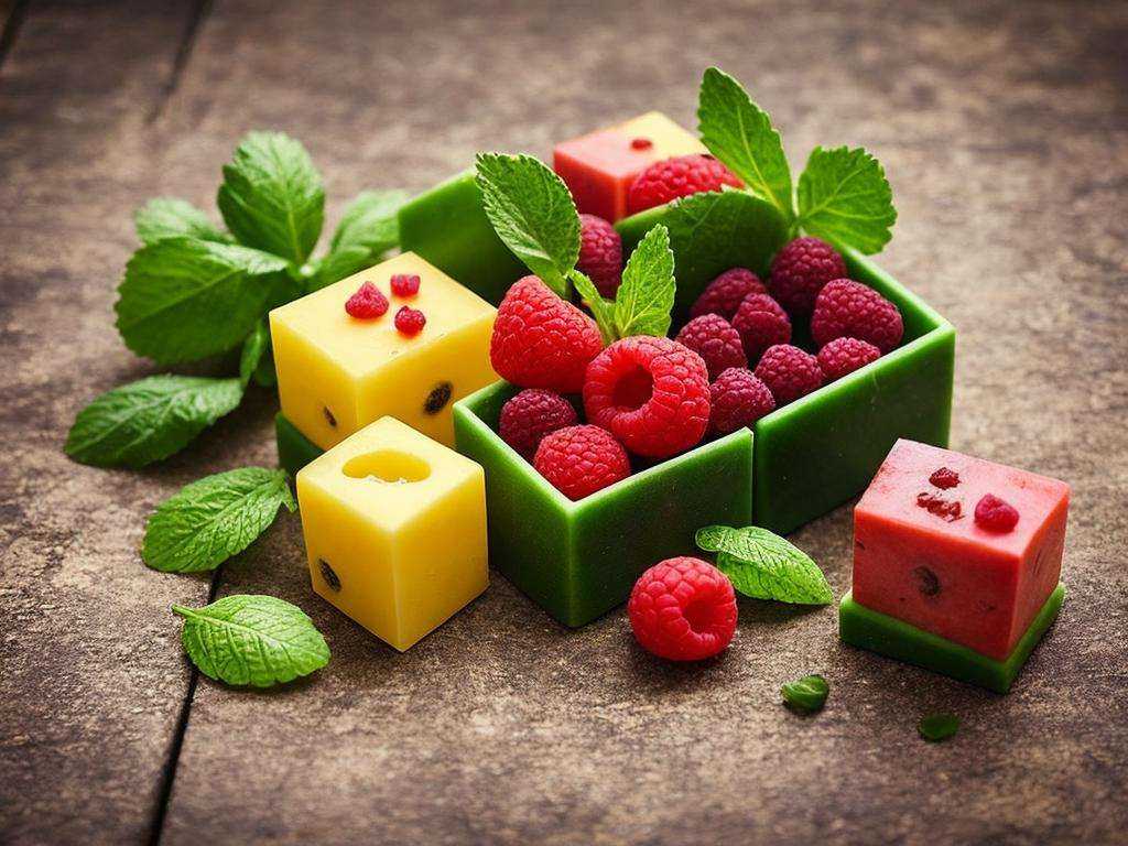 a piece of watermelon with kiwi and raspberries, a rubik's cube, translucent cube, cube, cube shaped, milk cubes, inspired by Ernő Rubik, by Ernő Rubik, cubes, food art, cubic blocks, with a square, amazing food photography, cubes on table, rectangular piece of art, cubic, borg cube, hypercube