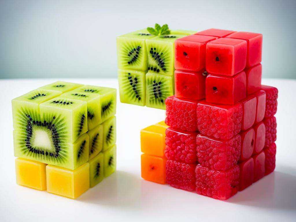 a piece of watermelon with kiwi and raspberries, a rubik's cube, translucent cube, cube, cube shaped, milk cubes, inspired by Ernő Rubik, by Ernő Rubik, cubes, food art, cubic blocks, with a square, amazing food photography, cubes on table, rectangular piece of art, cubic, borg cube, hypercube