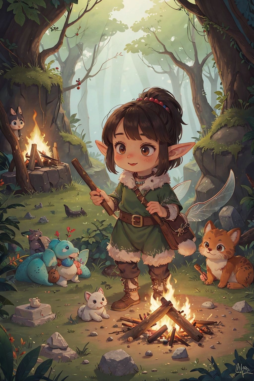 Elves, transparent wings, tinder, stone axe, stone knife, agate beads, animal skins, hunting, gathering, bonfire, cave, fur tent, primitive hunter, fairy tale, fun, cute animals, cute pets, childlike innocence, handmade, handicraft, minimalism, primitive life, ancient culture, stone age, ancient times, dinosaur friends