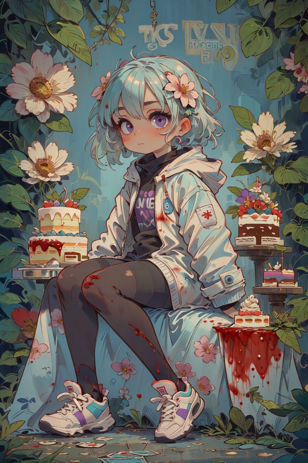 Masterpiece, best_quality, concept_art, 1 girl, solo, cool, summer, ice cream white_hair, long_jacket, summer hot, have your sweetest purple_eyes, purple_liquid, wand, partly_bangs, hair_between_eyes, sneakers, black_legwear, ((cute, cake, summer hot, flouting_eyeballs, blood)), 32k, kids, high definition, real, have your sweetest new_blue_b