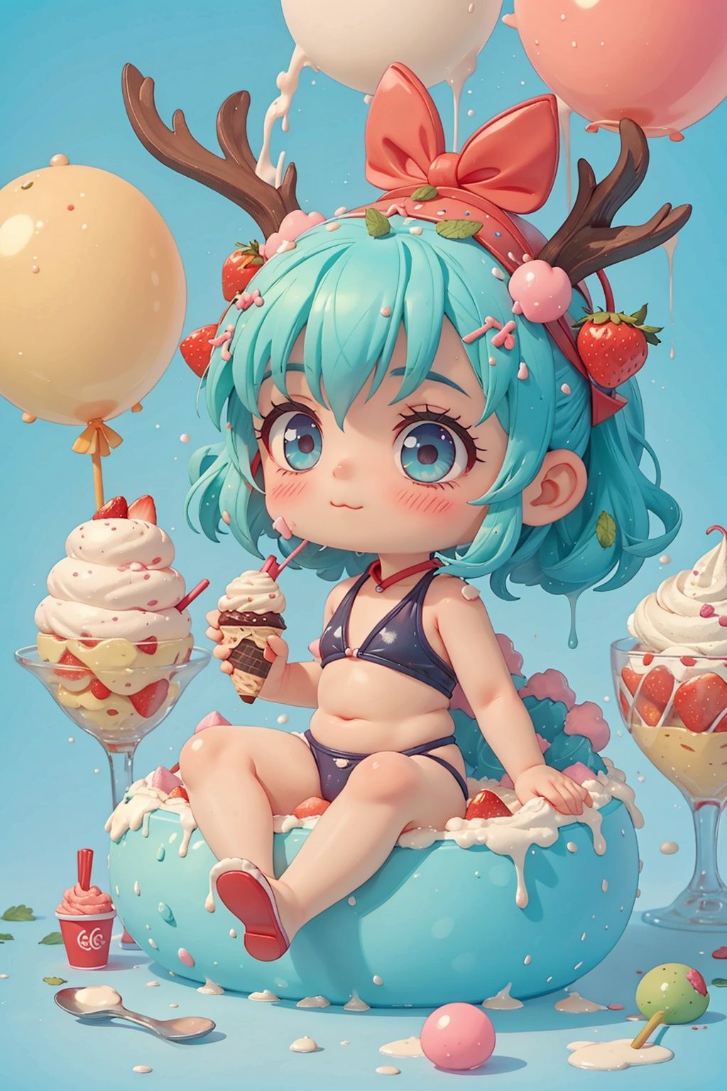 masterpiece,a tiny blue haired girl child sits cross-legged in the middle of an impossibly large ice cream sundae bowl,multi-colored scoops of ice cream piled high around her, swirls of vivid pistachio, strawberry and mint chip sauce drizzle down the sides,cool swimwear,  a menagerie of ice cream balloons in rainbow hues float around her, caught mid burst, the little girl gazes into the distance with dreamy expression, captivated by her sugary wonderland, captured with wide angle telephoto lens to show huge scale of ice cream bowl relative to tiny subject, washed in warm pastel colors that glow against the rich cobalt of her hair,1girl,chinese clothes,Dragon ear,deer ear,full body,QRobot,chibi,nijistyle,cute_swimsuit,diives,nop,pixar,children