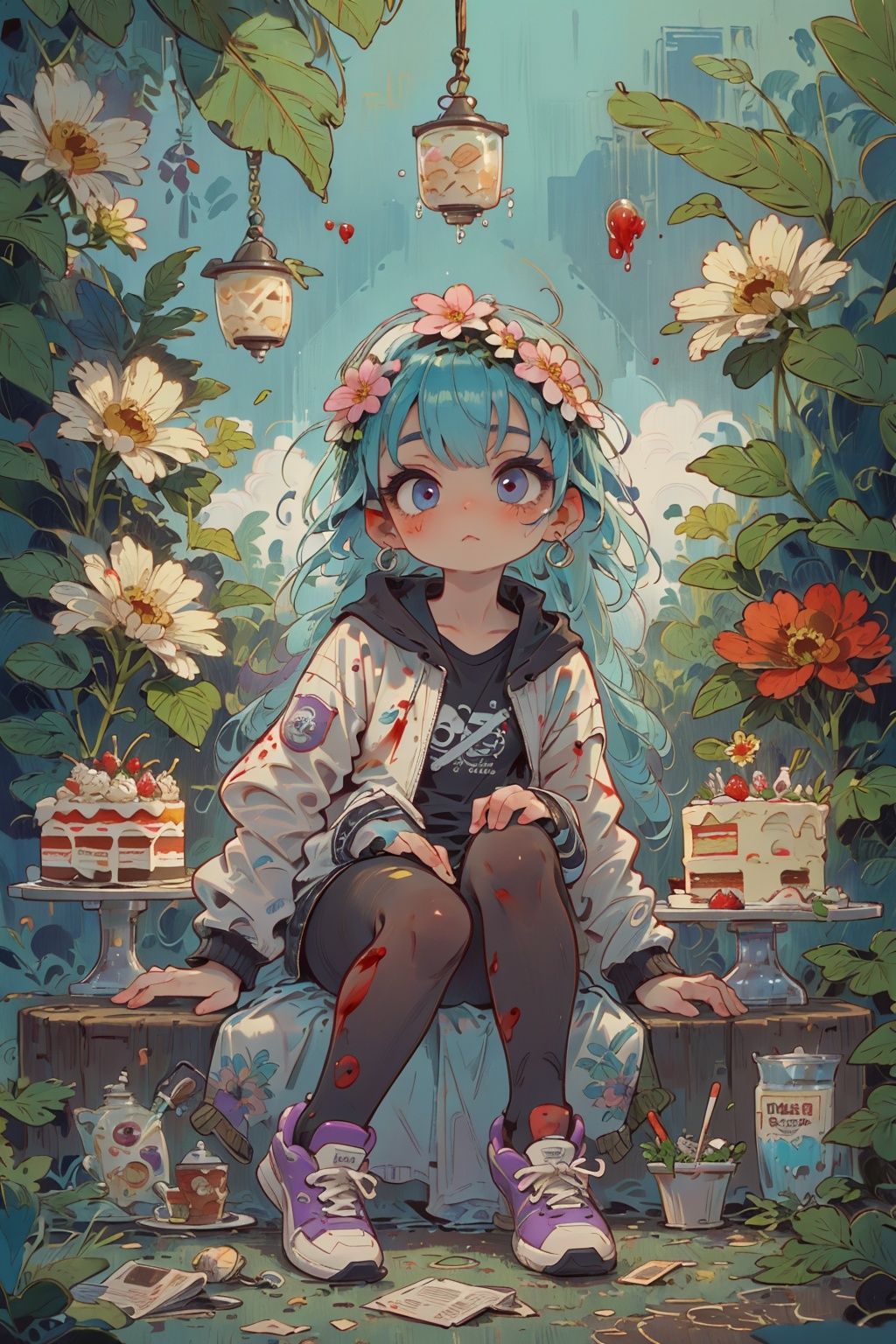 Masterpiece, best_quality, concept_art, 1 girl, solo, cool, summer, ice cream white_hair, long_jacket, summer hot, have your sweetest purple_eyes, purple_liquid, wand, partly_bangs, hair_between_eyes, sneakers, black_legwear, ((cute, cake, summer hot, flouting_eyeballs, blood)), 32k, kids, high definition, real, have your sweetest new_blue_b