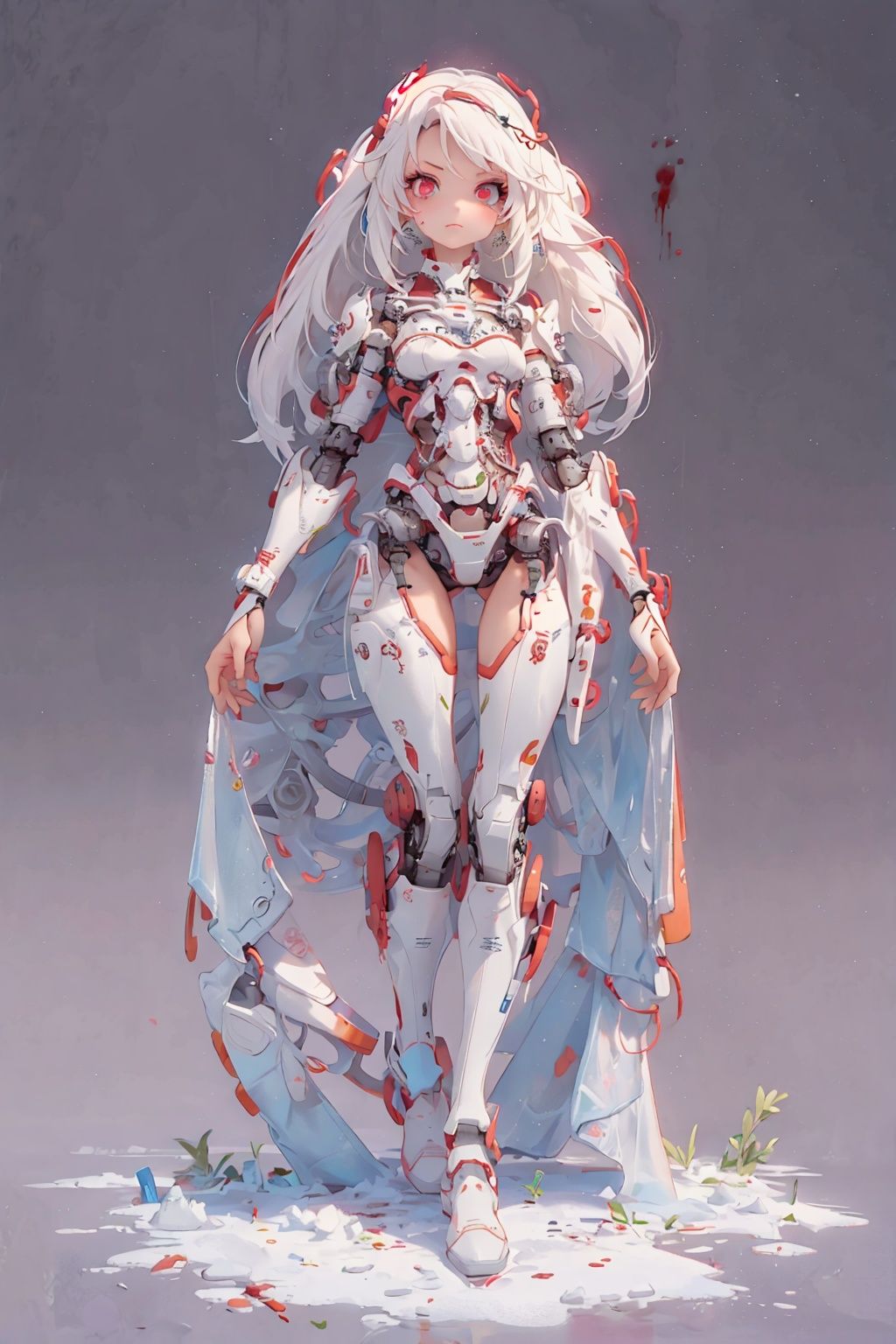 Masterpiece-level best_quality, concept artwork, a lonely solo girl, a necromancer character from the game "League of Legends", with snow-white hair, centipede-like tentacles wrapped around, blood flowing from the body, wearing PVC shell, mechanical exoskeleton device equipment, creating avant-garde and terrifying visual effect.,32k,full body