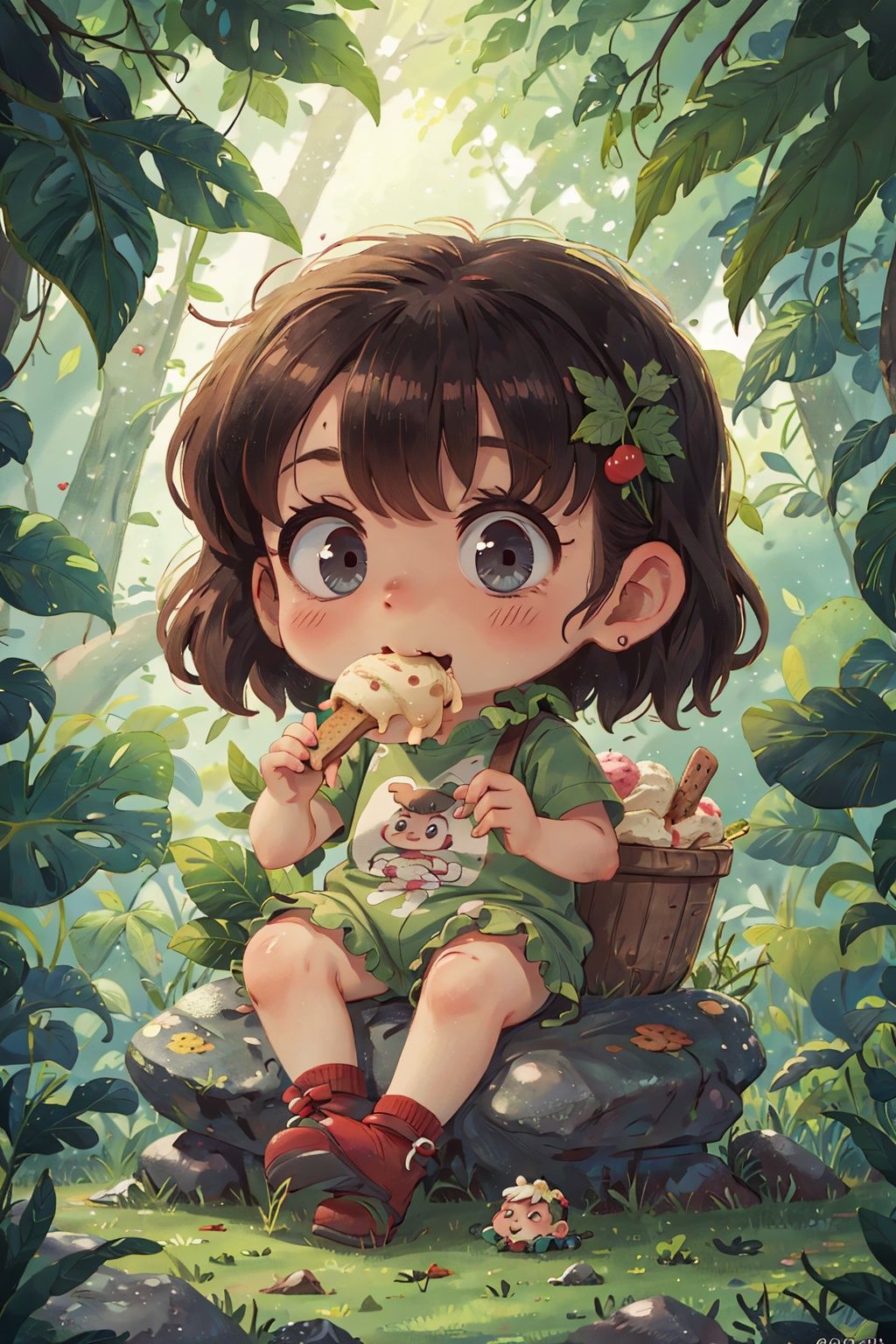 The image of the ancients in the Stone Age, the cute little baby, wearing clothes made of leaves, eating ice cream innocently, without confusion, showing the fun and cuteness relative to the background of the times.