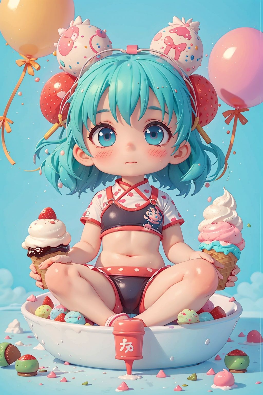 masterpiece,  a tiny blue haired girl child sits cross-legged in the middle of an impossibly large ice cream sundae bowl,...