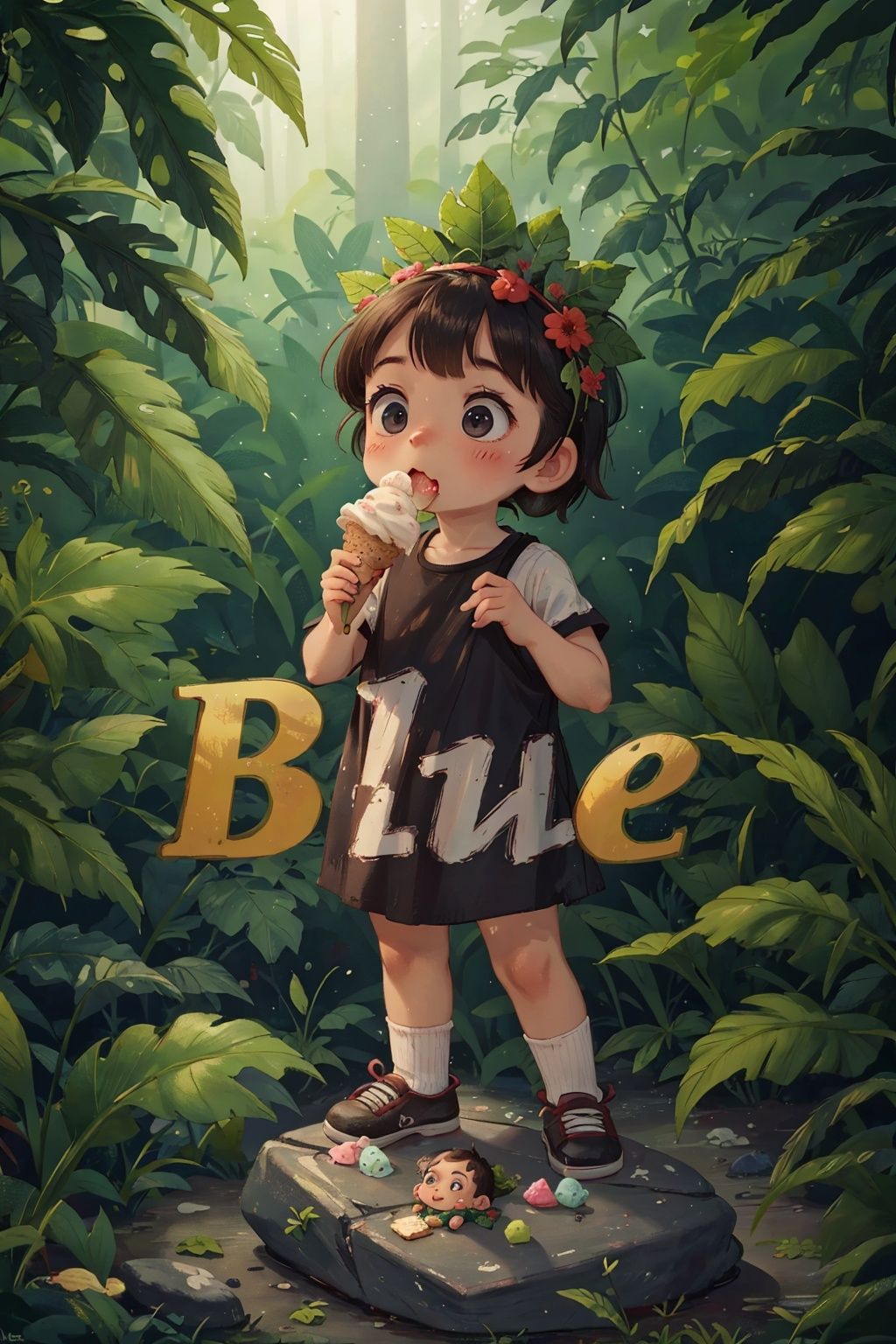 The image of the ancients in the Stone Age, the cute little baby, wearing clothes made of leaves, eating ice cream innocently, without confusion, showing the fun and cuteness relative to the background of the times.
