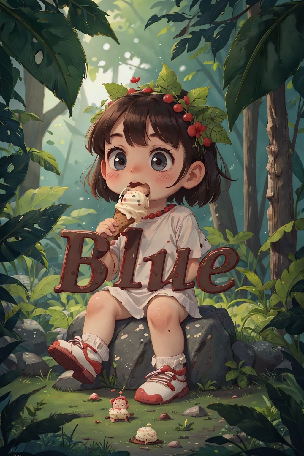 The image of the ancients in the Stone Age, the cute little baby, wearing clothes made of leaves, eating ice cream innocently, without confusion, showing the fun and cuteness relative to the background of the times.