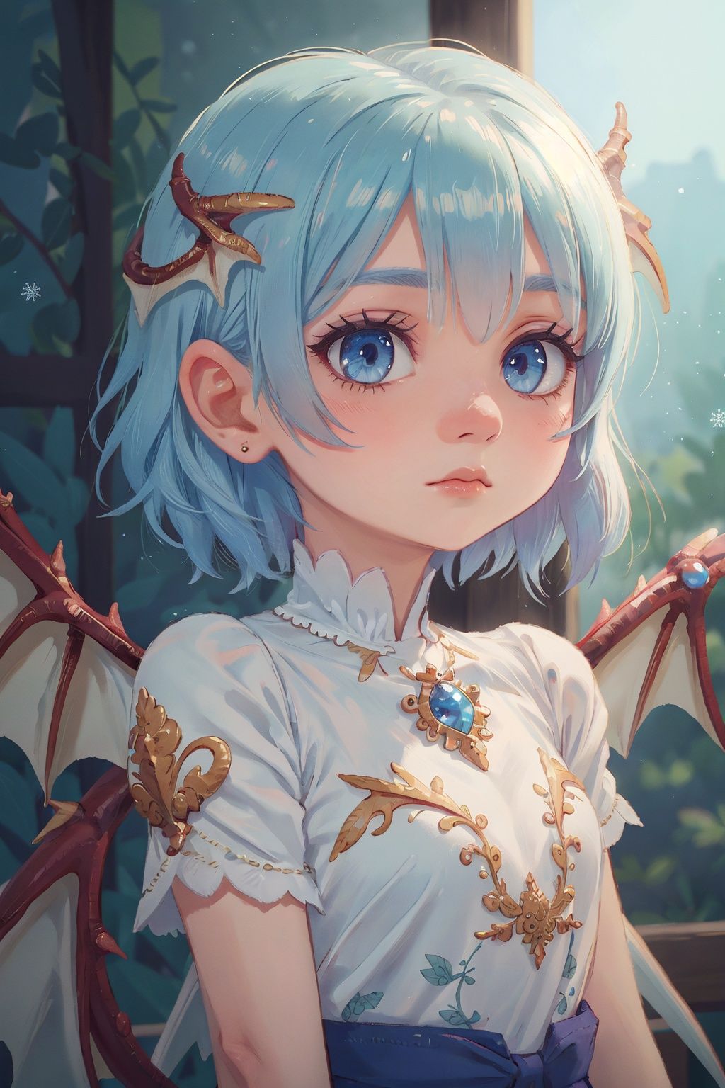 ((best quality)), ((masterpiece)), ((ultra-detailed)), extremely detailed CG, (illustration), ((detailed light)), (an extremely delicate and beautiful), a girl, solo, ((upper body,)), ((cute face)), expressionless, (beautiful detailed eyes), blue dragon eyes, (Vertical pupil:1.2), white hair, shiny hair, colored inner hair, (Dragonwings:1.4), [Armor_dress], blue wings, blue_hair ornament, ice adorns hair, [dragon horn], depth of field, [ice crystal], (snowflake), [loli], [[[[[Jokul]]]]],new_blue_b,32k,children