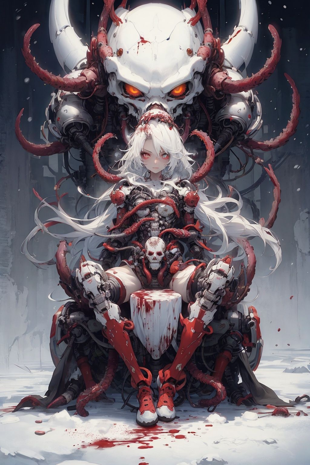 Masterpiece-level best_quality, concept artwork, a lonely solo girl, a necromancer character from the game "League of Legends", with snow-white hair, centipede-like tentacles wrapped around, blood flowing from the body, wearing PVC shell, mechanical exoskeleton device equipment, creating avant-garde and terrifying visual effect.