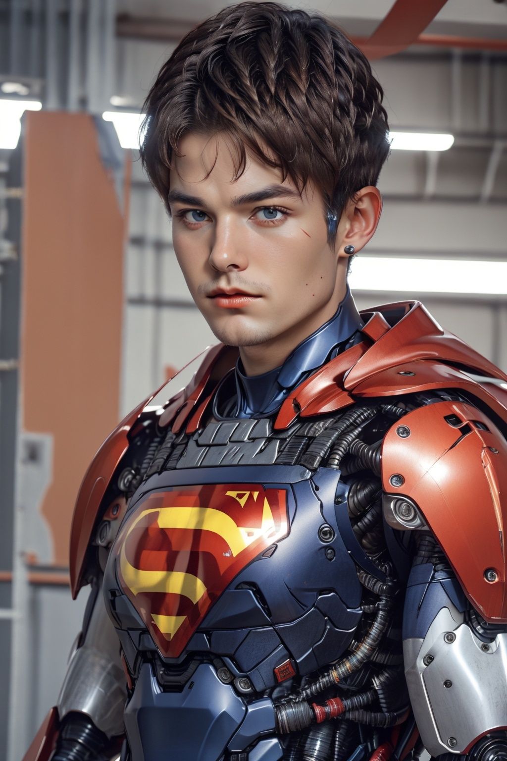 ID photo,Superman color scheme,(8k, RAW photo, best quality, Masterpiece :1.2), (Realistic, Photo realistic :1.2)(RAW photo)(Very detailed CG unified 8k wallpaper) Detailed and complex, original, high resolution, (1 boy :1.5) Looking at the viewer, upper body, blue stone,, mechanical, Mecha, mechanical, mechanical, Chibi,, Armor, full body, sci-fi, robots, tights,blue_IDphoto_B