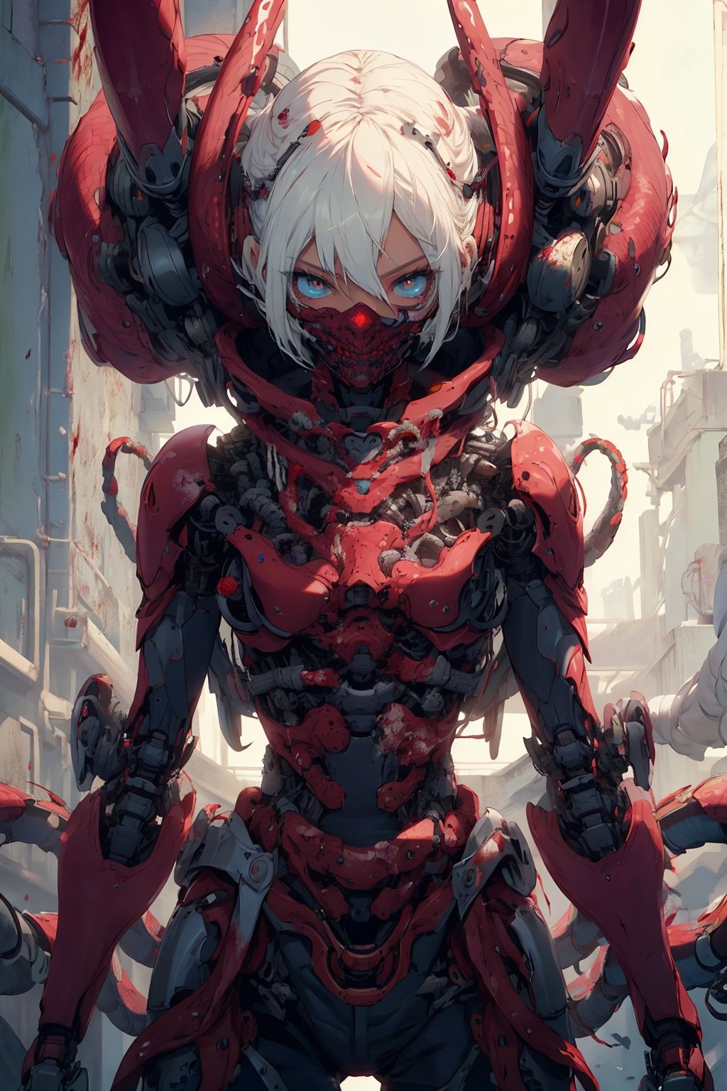 Masterpiece-level best_quality, concept artwork, a lonely solo girl, a necromancer character from the game "League of Legends", with snow-white hair, centipede-like tentacles wrapped around, blood flowing from the body, wearing PVC shell, mechanical exoskeleton device equipment, creating avant-garde and terrifying visual effect.