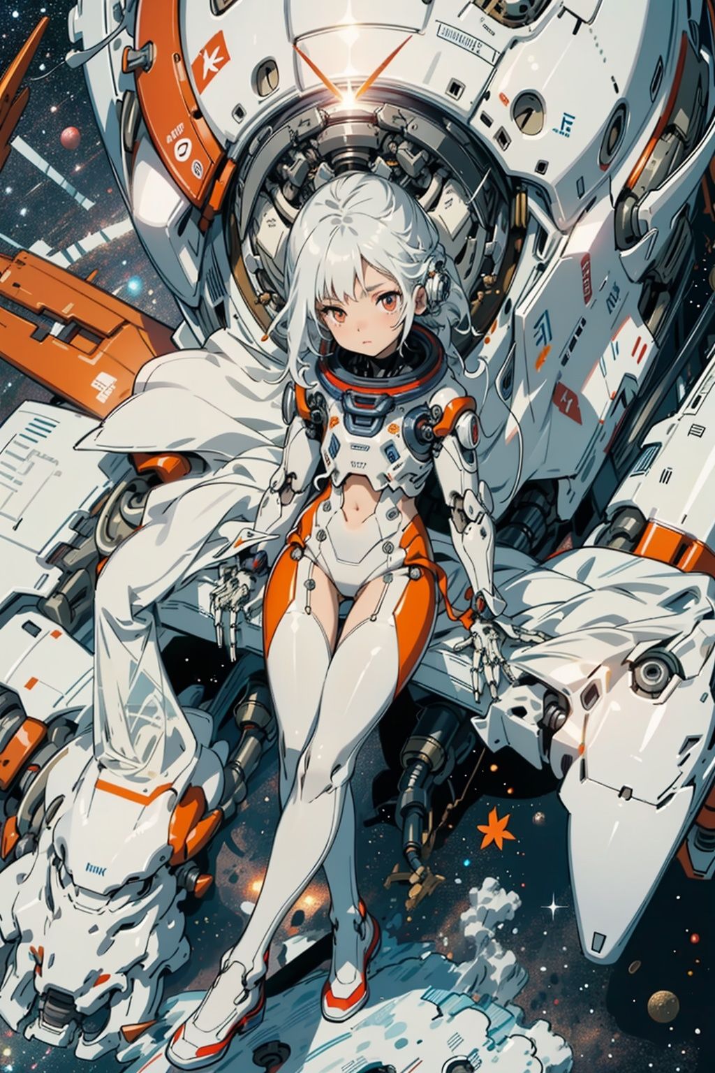 Masterpiece, top quality, 1girl, translucent skin, red, tights, mechanical, cowboy shooter, space, sitting, seen from above, big tits, bones, (space suit: 1.5) white, mechanical exoskeleton,children,32k