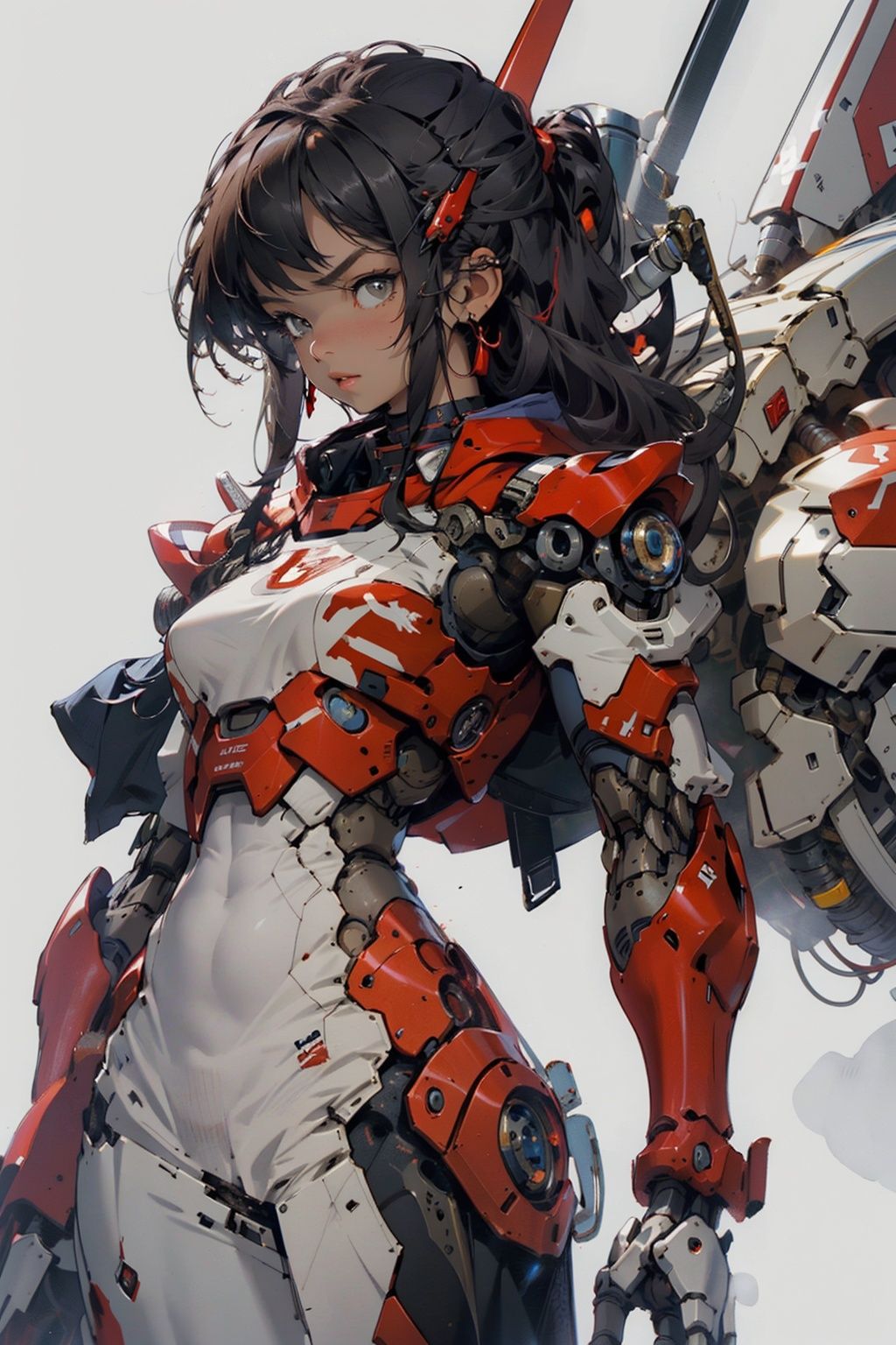 Masterpiece, masterpiece, exquisite wallpaper, cute girl, beautiful girl, wearing a black and red mecha set, simple background, red background,Mecha warrior,,Mecha,32k