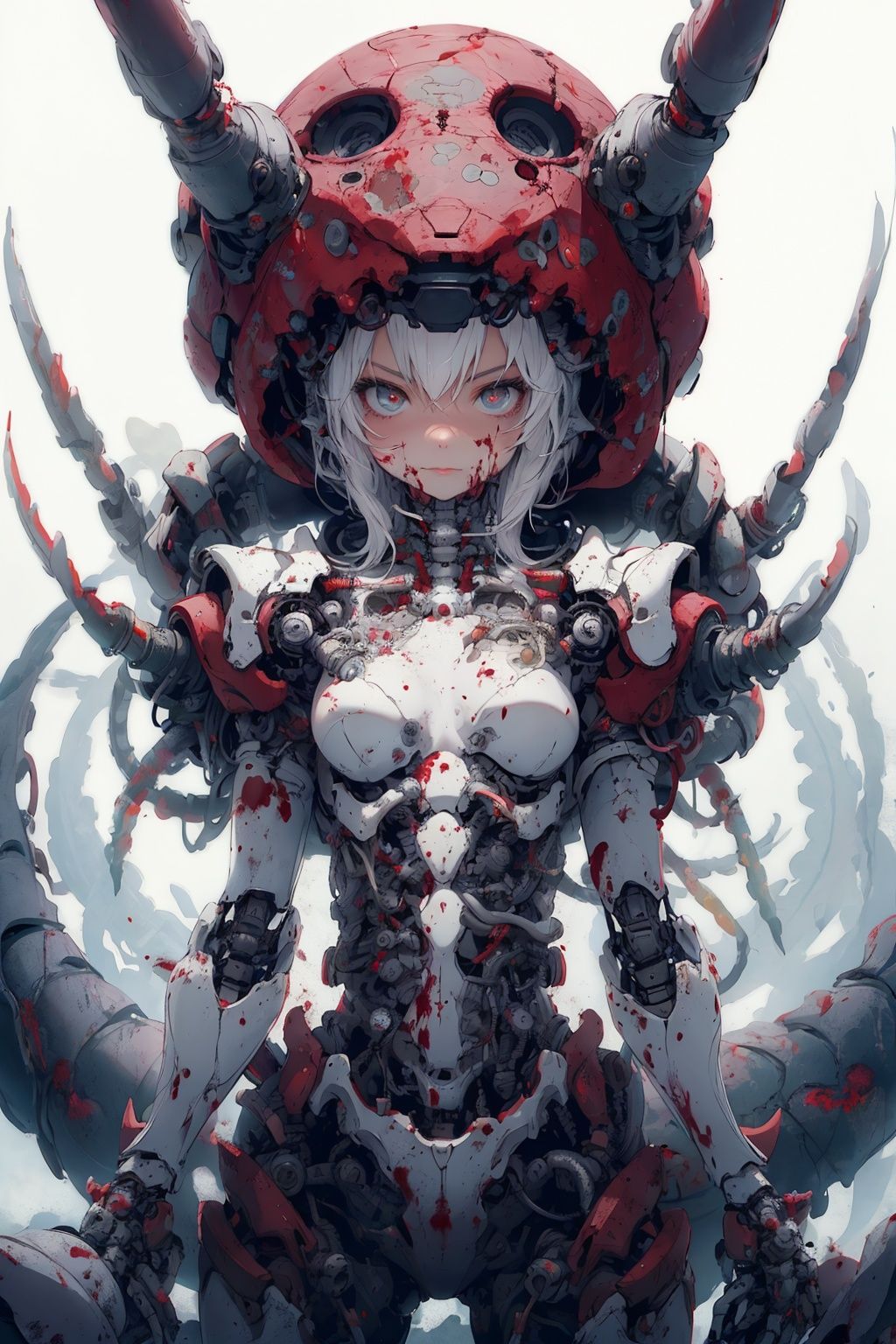 Masterpiece-level best_quality, concept artwork, a lonely solo girl, a necromancer character from the game "League of Legends", with snow-white hair, centipede-like tentacles wrapped around, blood flowing from the body, wearing PVC shell, mechanical exoskeleton device equipment, creating avant-garde and terrifying visual effect.