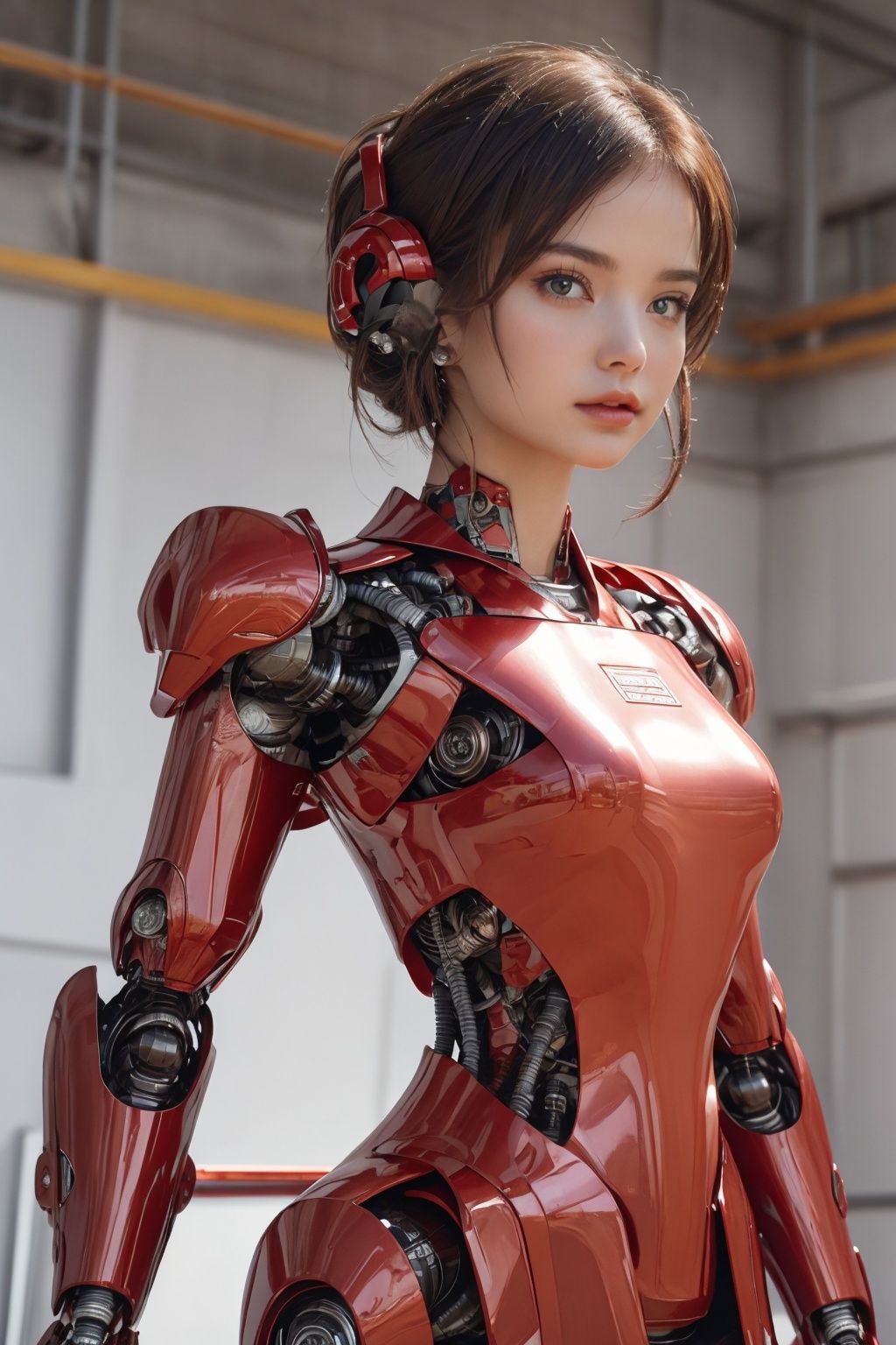(8k, RAW photo, best quality, masterpiece:1.2), (realistic, photo-realistic:1.2)(raw photo) (extremely detailed CG unity 8k wallpaper) detailed and intricate, original,highres,[1girl:background:0.6]looking at viewer,upper  body,red shidudou,  ,machinery,, Mecha,真实,照片,chibi,,armor,full_body,science fiction,robot,bodysuit