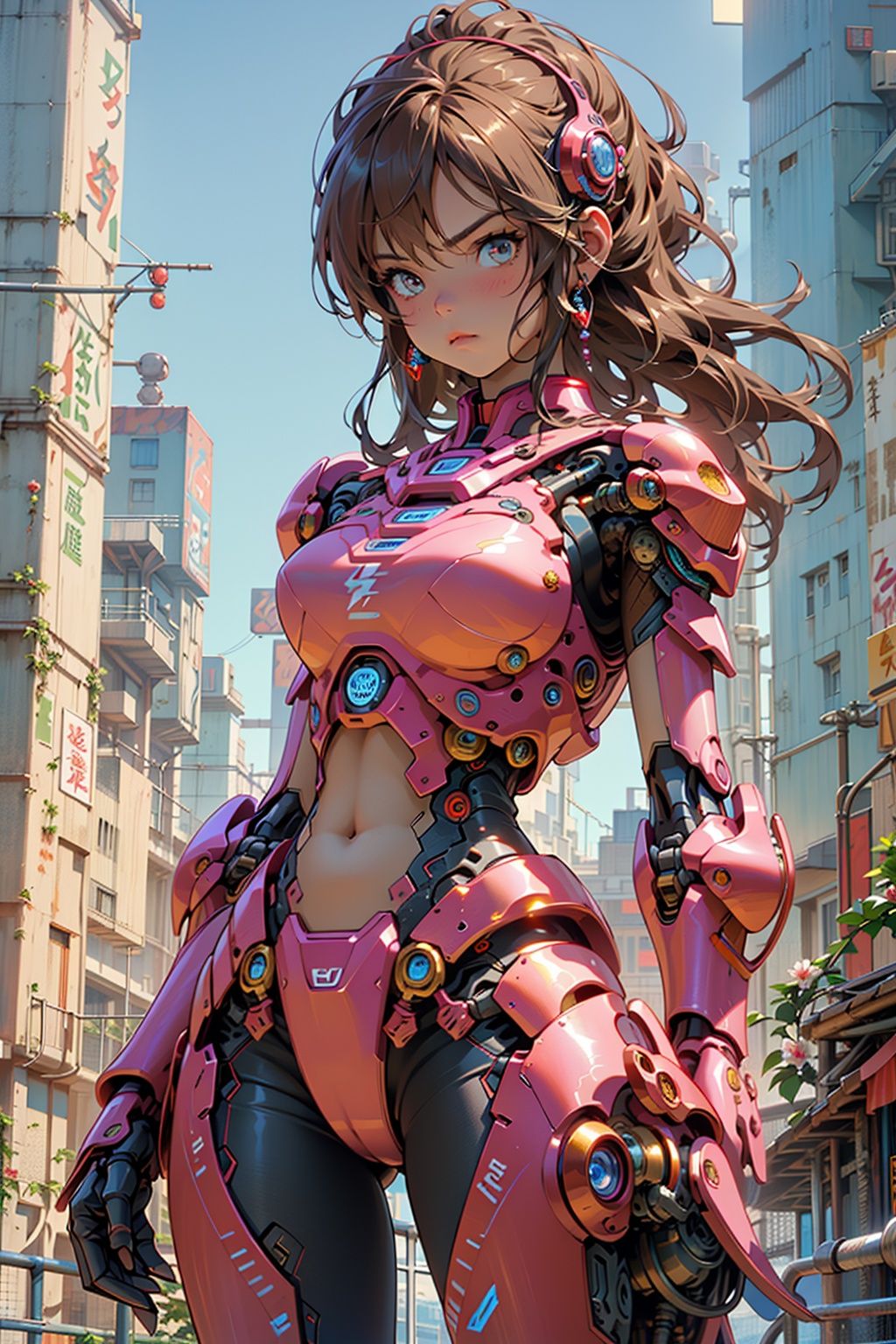 a girl,blue, city,red power armor,brown hair,The glowing energy ring on the chest,realistic, building, glowing, science fiction,vibrant details,beautiful background, octane render, H. R. Giger style,best quality, masterpiece, illustration, an extremely delicate and beautiful, extremely detailed ,unity ,wallpaper,photo-realistic,Amazing, finely detail,best quality,official art, extremely detailed,unity,Pink Mecha,Honey Mecha,machinery,, Mecha,lightning,drawing,真实,照片,32k,高清,32