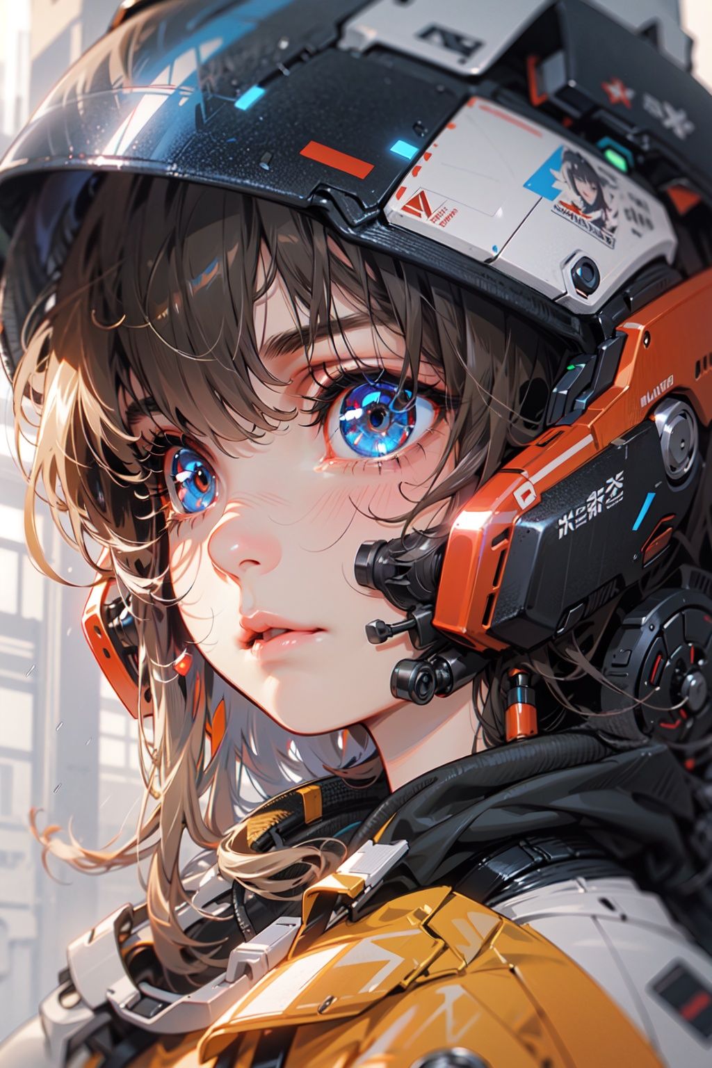 There are a lot of rain on the lens,a mecha,(Facial Close-up:1.4),Side face close-up,(headgear),best quality,meticulously crafted,extremelydetailed CG unity 8k wallpaper,There are a lot of rain on the lens,a mecha,Facial Close-up,Side face close-up,upper body, ,(((The cyber helmet covers the whole fac