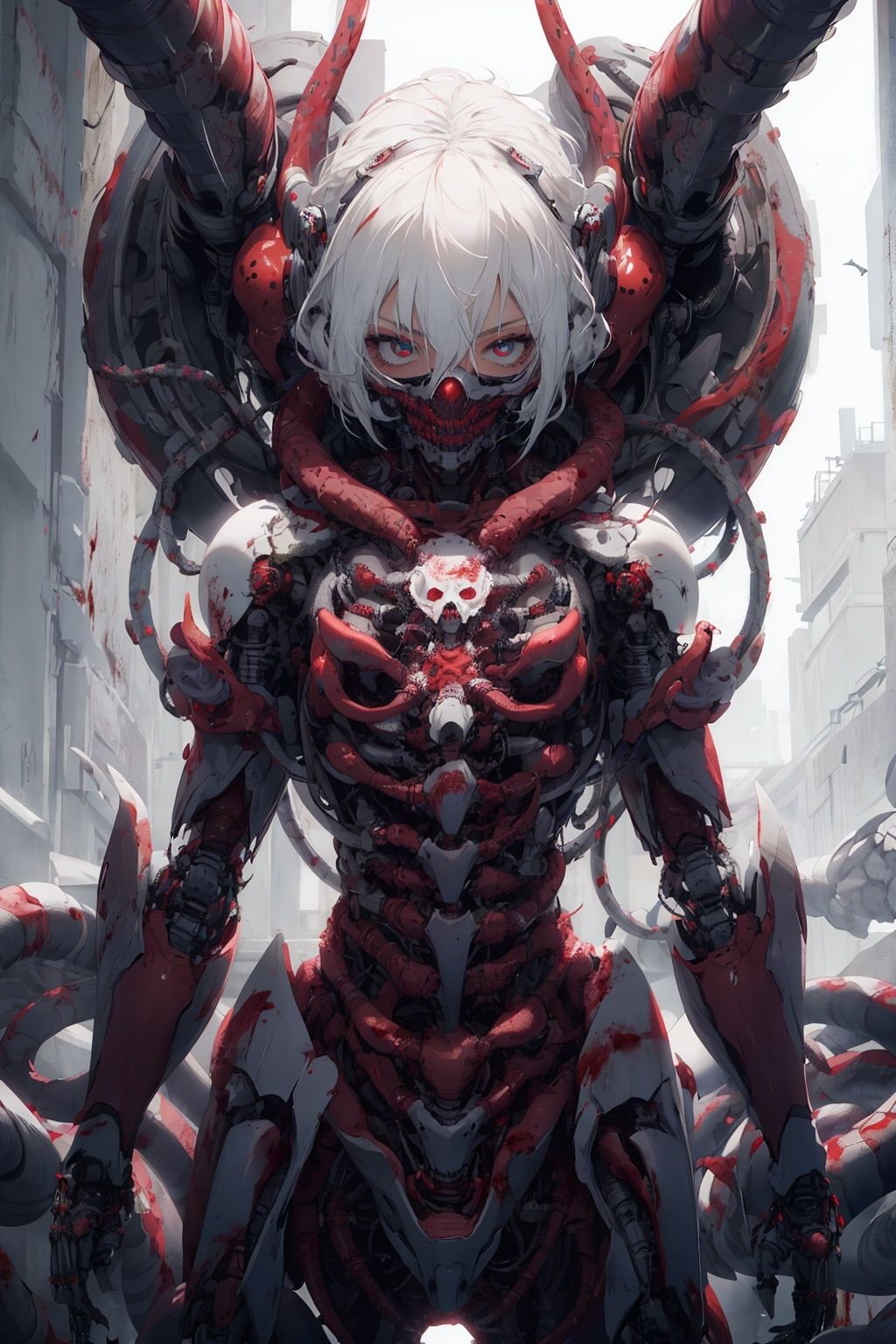 Masterpiece-level best_quality, concept artwork, a lonely solo girl, a necromancer character from the game "League of Legends", with snow-white hair, centipede-like tentacles wrapped around, blood flowing from the body, wearing PVC shell, mechanical exoskeleton device equipment, creating avant-garde and terrifying visual effect.