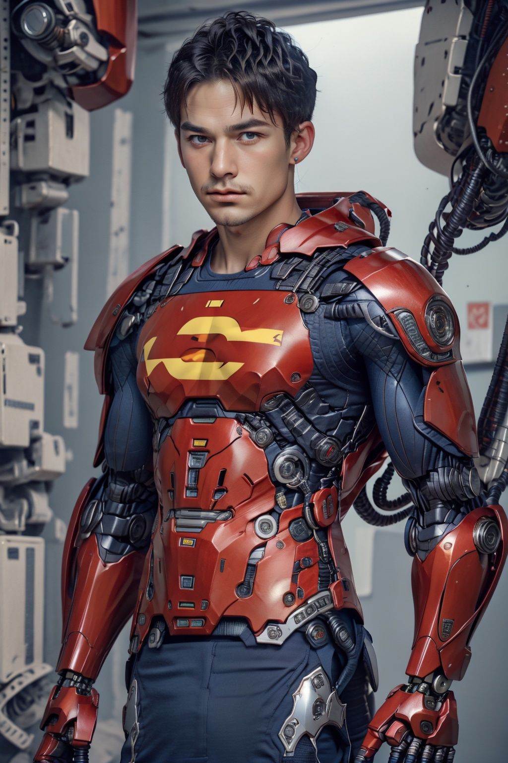 ID photo,Superman color scheme,(8k, RAW photo, best quality, Masterpiece :1.2), (Realistic, Photo realistic :1.2)(RAW photo)(Very detailed CG unified 8k wallpaper) Detailed and complex, original, high resolution, (1 boy :1.5) Looking at the viewer, upper body, blue stone,, mechanical, Mecha, mechanical, mechanical, Chibi,, Armor, full body, sci-fi, robots, tights,blue_IDphoto_B