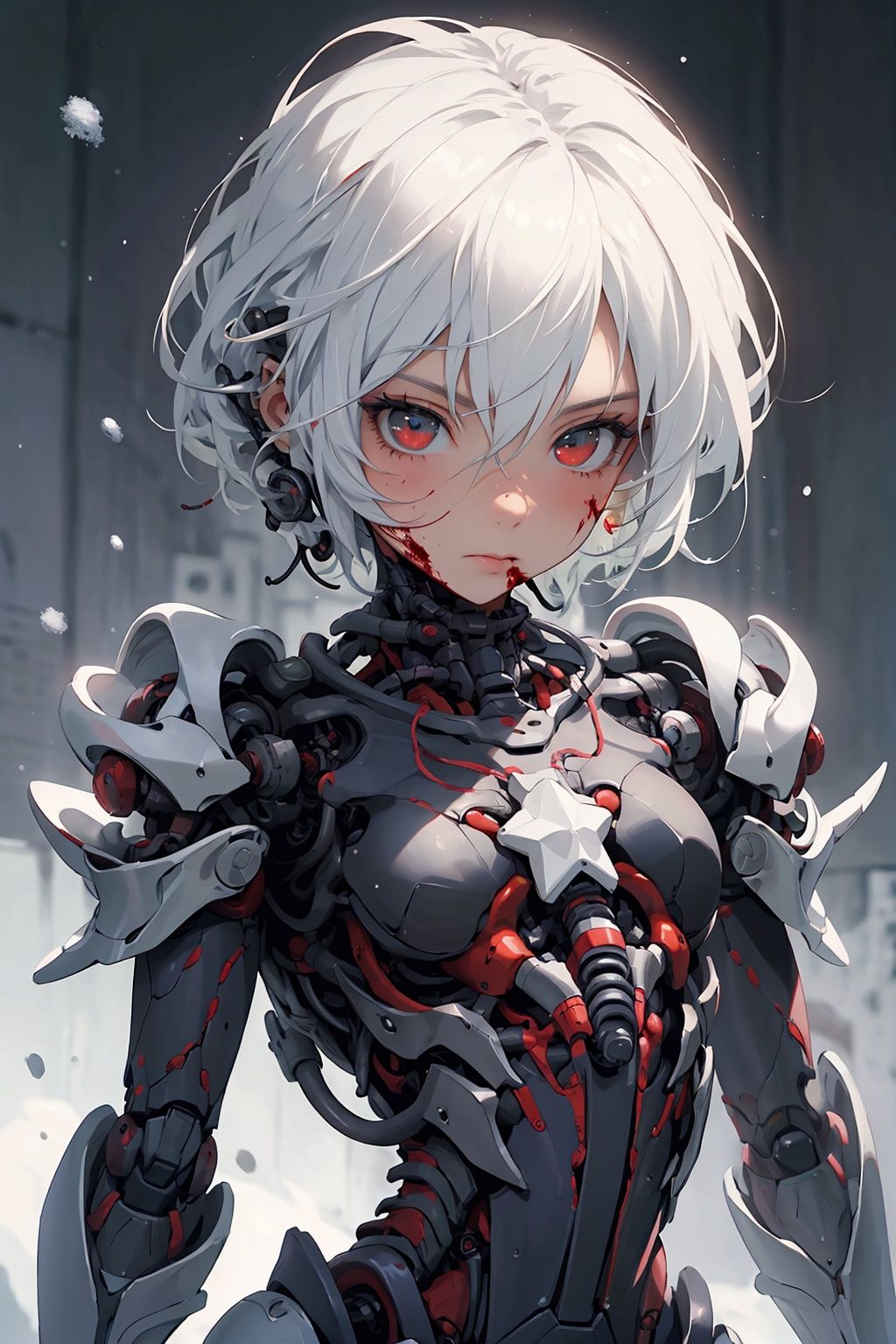 Masterpiece-level best_quality, concept artwork, a lonely solo girl, a necromancer character from the game "League of Legends", with snow-white hair, centipede-like tentacles wrapped around, blood flowing from the body, wearing PVC shell, mechanical exoskeleton device equipment, creating avant-garde and terrifying visual effect.