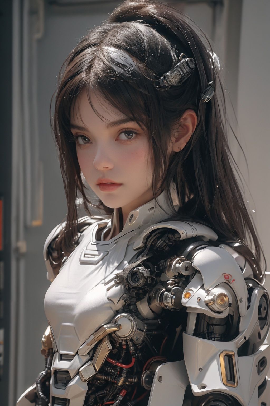 (8k, RAW photo, best quality, masterpiece:1.2), (realistic, photo-realistic:1.2)(raw photo) (extremely detailed CG unity 8k wallpaper) detailed and intricate, original,highres,[1girl:background:0.6]looking at viewer,upper  body,red shidudou,  ,machinery,, Mecha,真实,照片,chibi,,armor,full_body,science fiction,robot,bodysuit