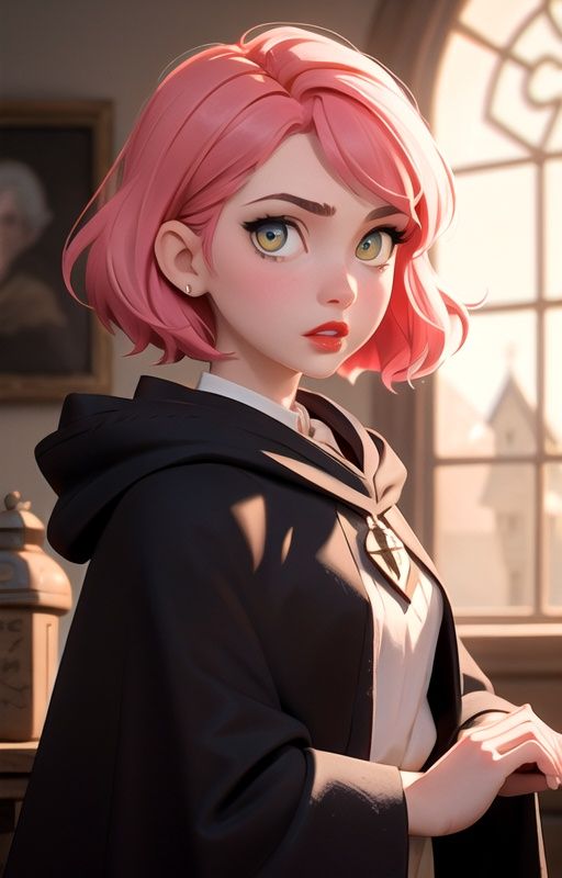 1girl,  short pink hair,  (hufflepuff House Cloak) on Tensor.Art