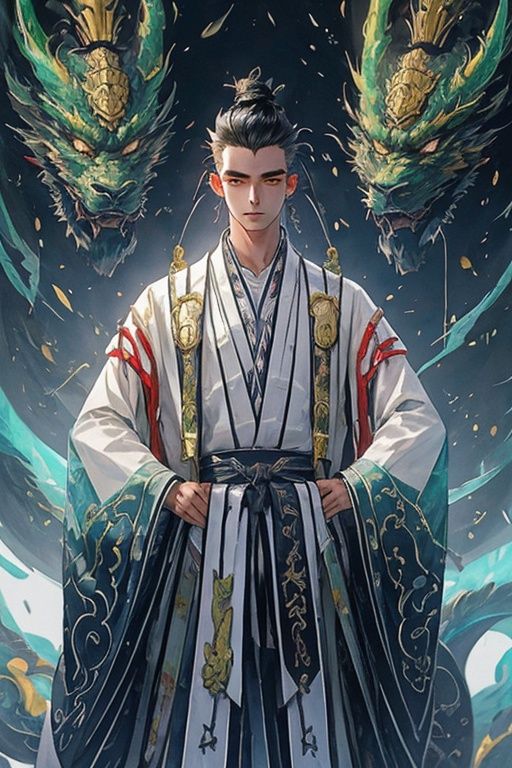 Masterpiece,best quality,high definition,1boy, dragon, male_focus, black_hair, eastern_dragon, oversized_animal, <lora:huafeng-000012:1>,hf_xy,White clothes，solo,hair_bun,long_sleeves,hanfu,chinese_clothes,<lora:daoshi:0.7>,masterpiece,Optimum quality,Pretty face,(1boy:1.6),(style by artist Andrew Jones),Science and technology,Future,cyberpunk,Mecha,temple,