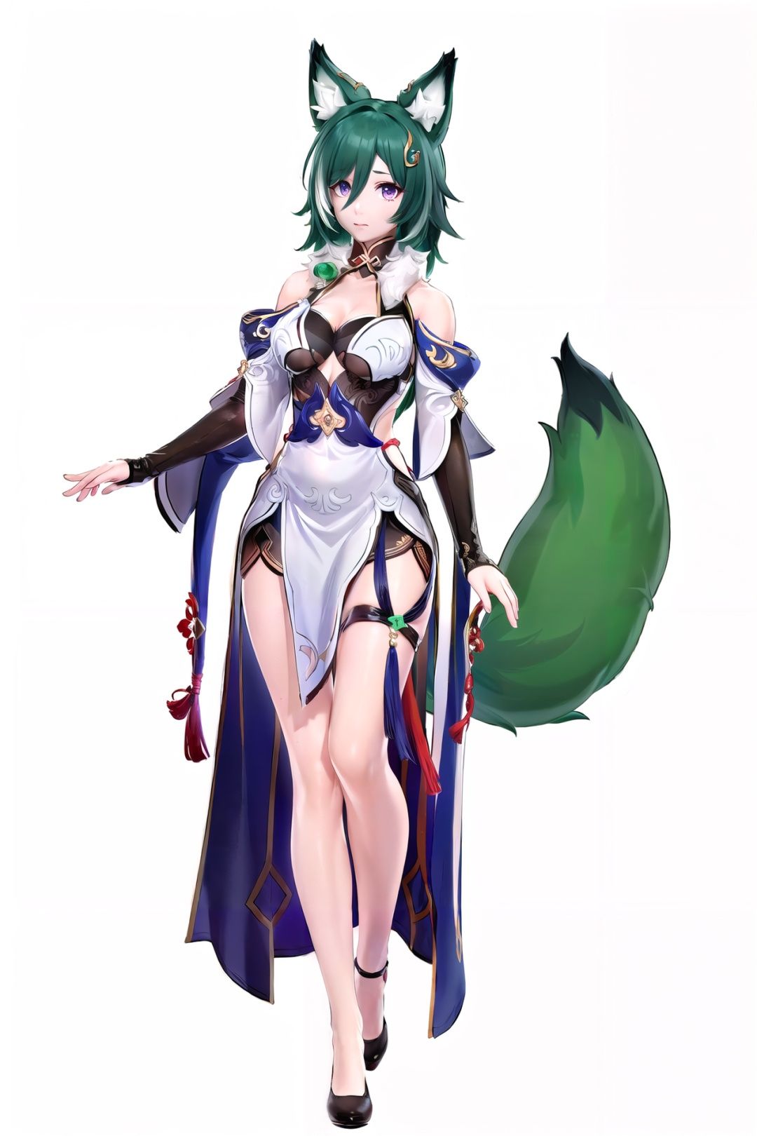 (8k, best quality, masterpiece), ultra-detailed, (high detailed skin), (standing, full body, solo focus, solo:1.3), <lora:Yukong_v4_con:0.75:char>, (yukong:1.1), ( thigh ribbon, jade pendant on lap, leg hangings:1.2), fox ears, fox tail, green hair, (dress, detached sleeves:1.1), hair ornament, high heels, bare shoulders, detailed eyes, purple eyes, dress, (white background, simple background:1.4), (beautiful_face), ((intricate_detail)), ((finely_detailed)), fine_fabric_emphasis, ((glossy)), 