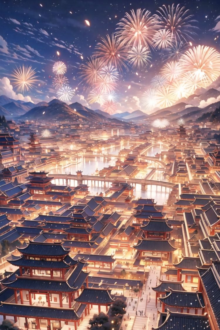 The best picture quality, best visual expression, complete structure, master work,In ancient China, Having a close and distant view,Chang'an Avenue, Sister Lantern, bustling street scene, and bright fireworks in the sky