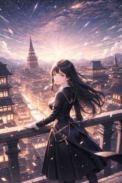 Best picture quality, best visual expression, complete structure, master level work, In a busy city, with a shooting star in the sky, a chivalrous woman holds a sword and leans against the railing, holding a leaf in her mouth