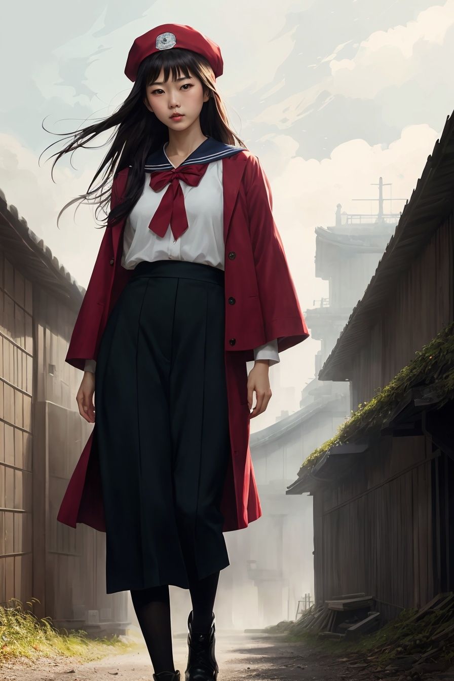 capitals girl with a sailor red cap,  asian,  red and black color clothes anime key visual full body portrait character co...